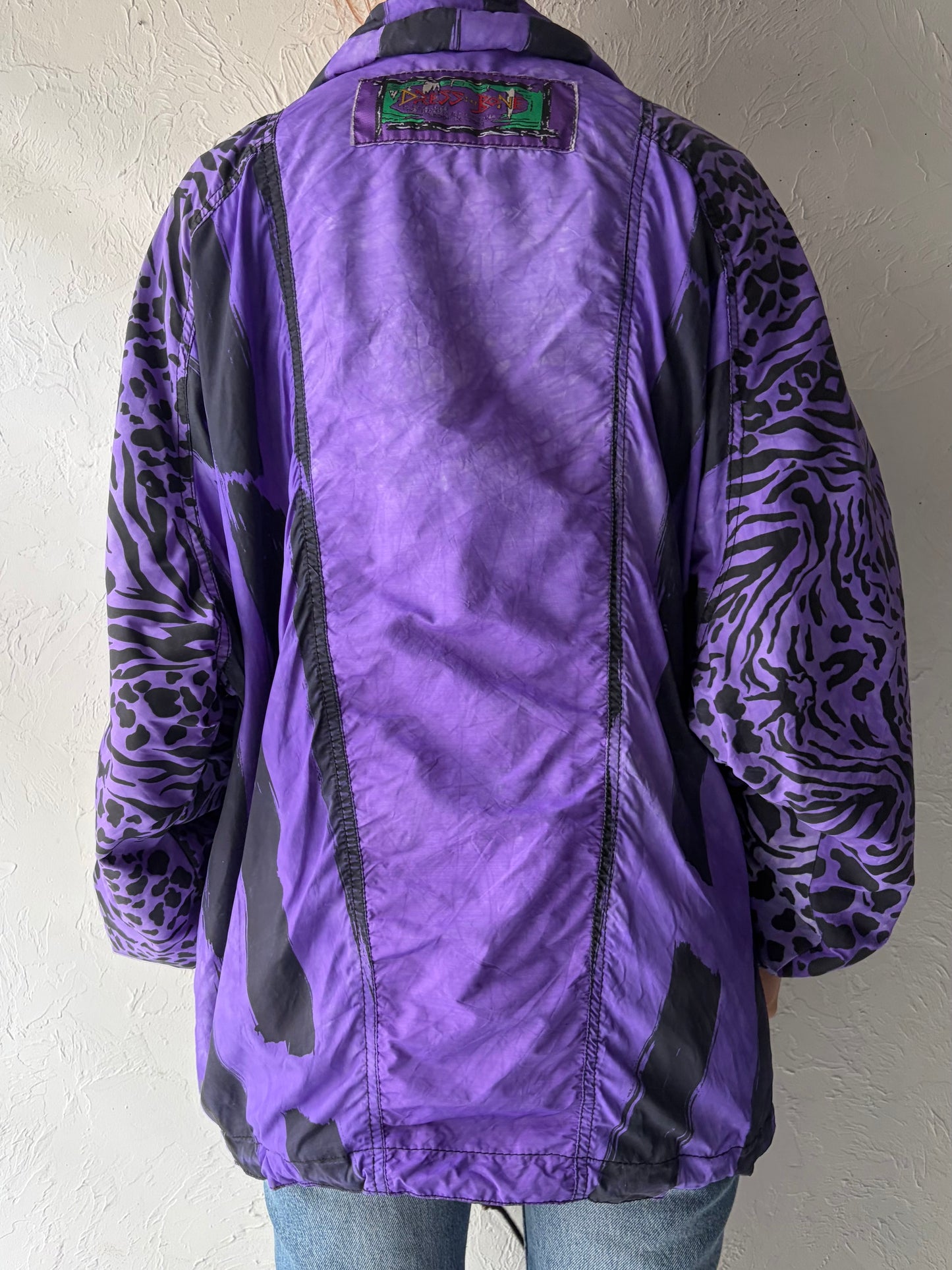 90s 'Dress the Bone' Purple Retro Bold Grunge Animal Print Pull Over Ski Jacket / Large