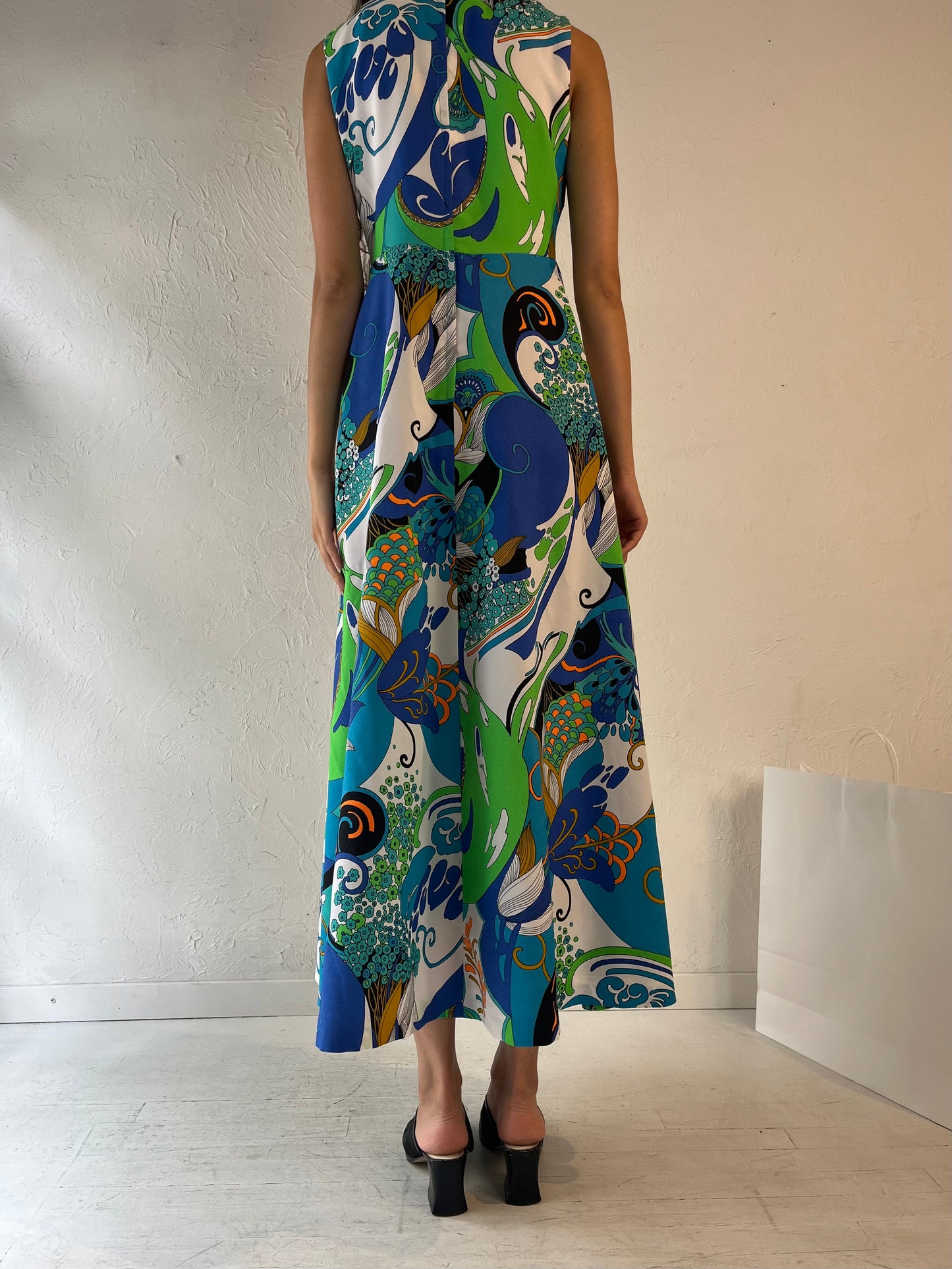 70s 'Miss Joey' Blue Retro Patterned Maxi Dress / Medium