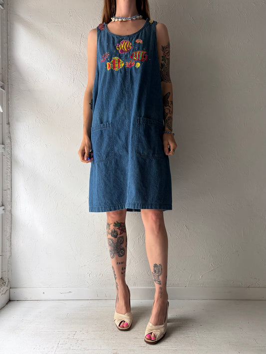 90s Embroidered Denim Fish Dress / Medium