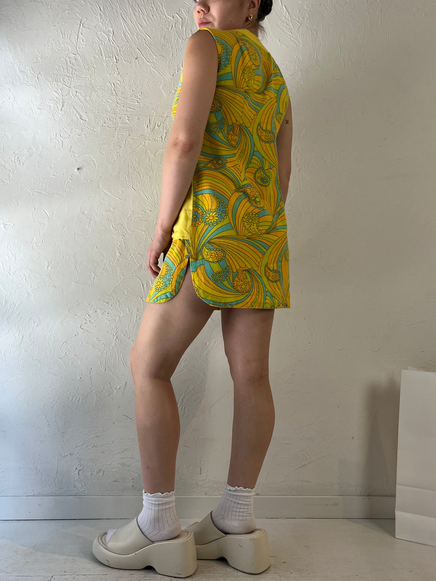 70s Handmade Yellow Paisley Micro Mini Dress / Small