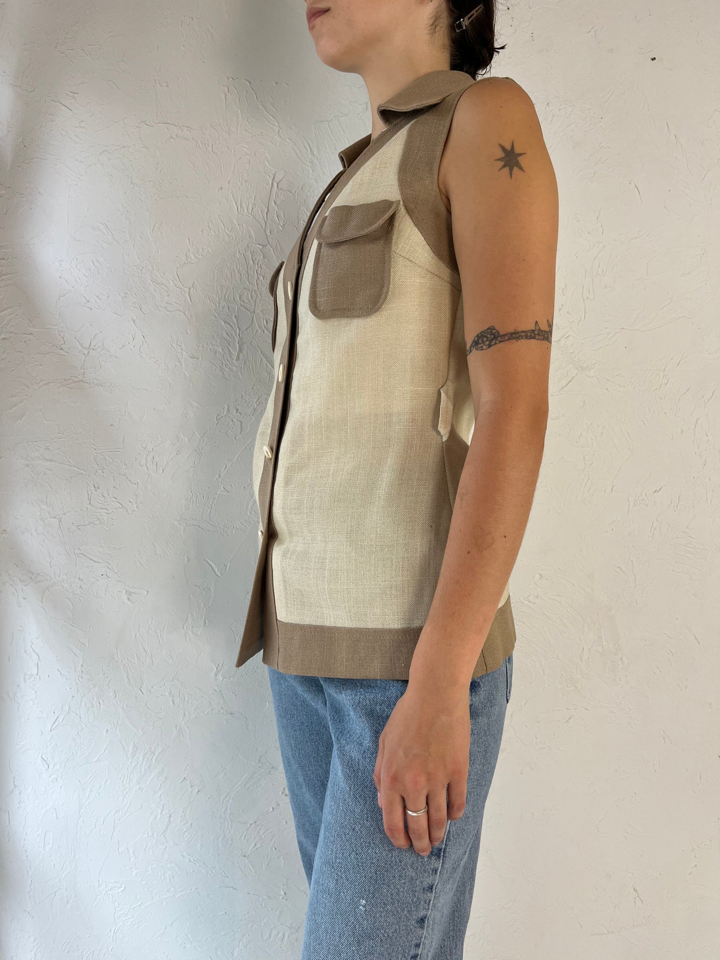 80s 'Lee Parker' Two Tone Beige Vest Top / Small