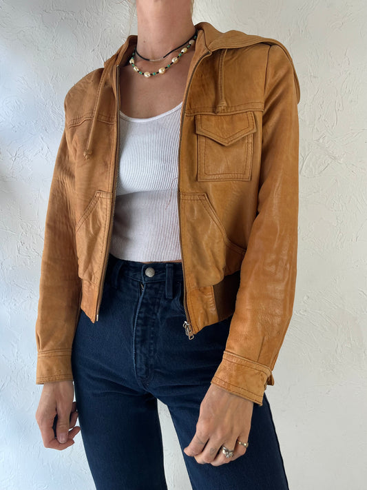 80s 'Overu' Tan Hooded Leather Bomber Jacket / XS