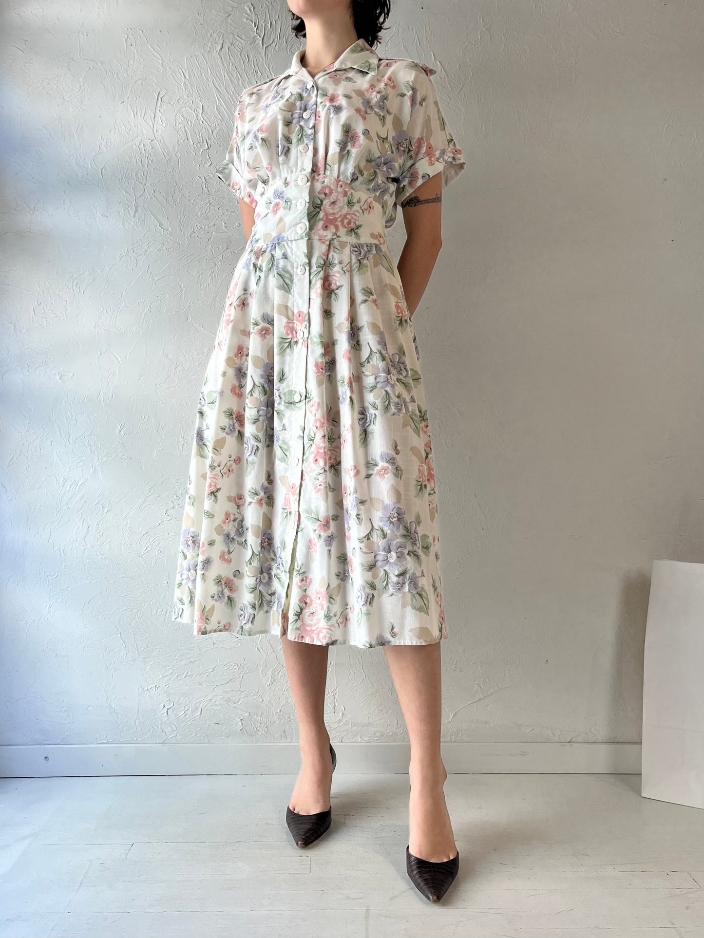 90s 'Stuart Alan' Collared Floral Print Dress / Small