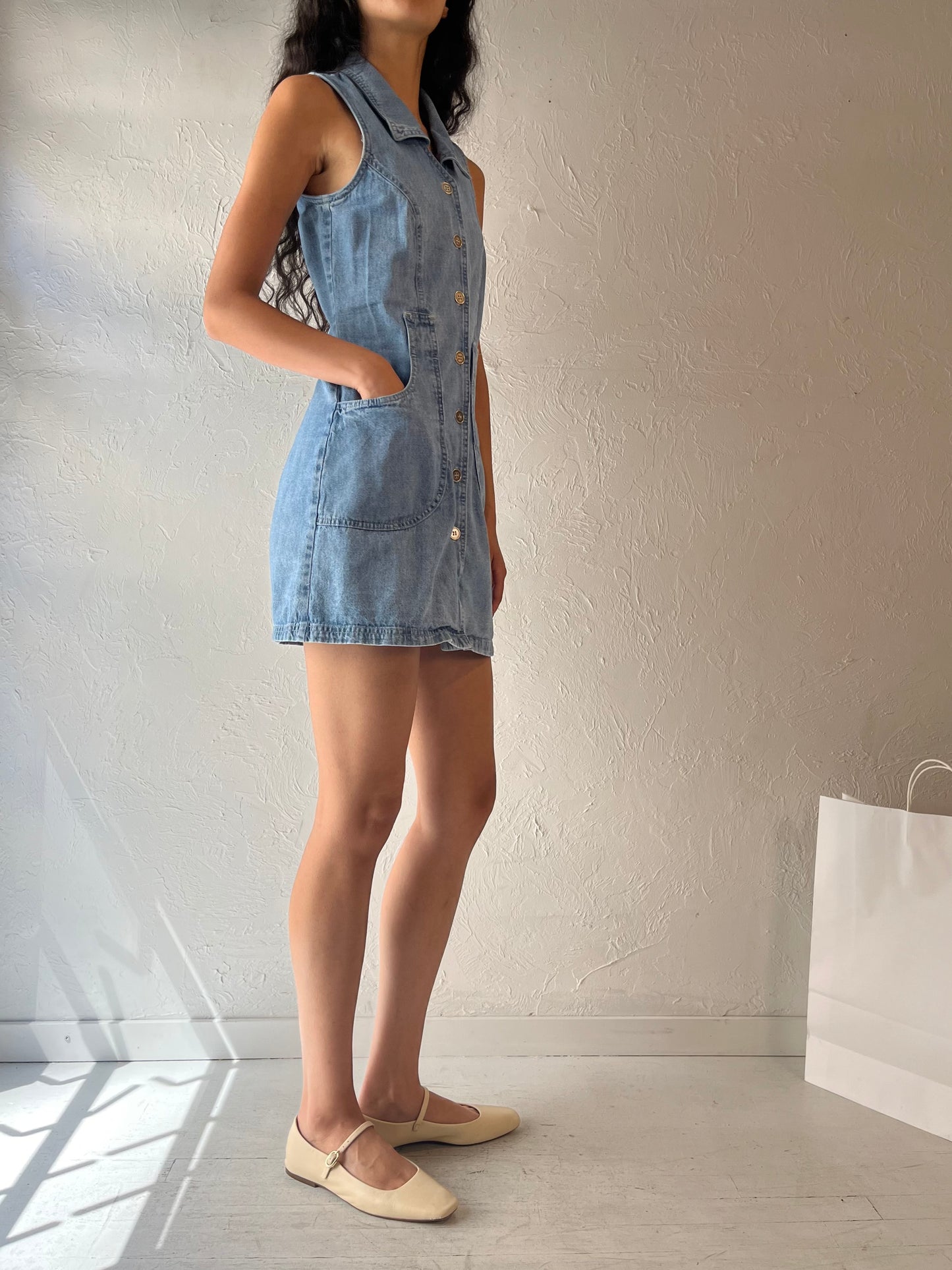 90s 'Vintage Studio' Collared Denim Mini Dress / Small