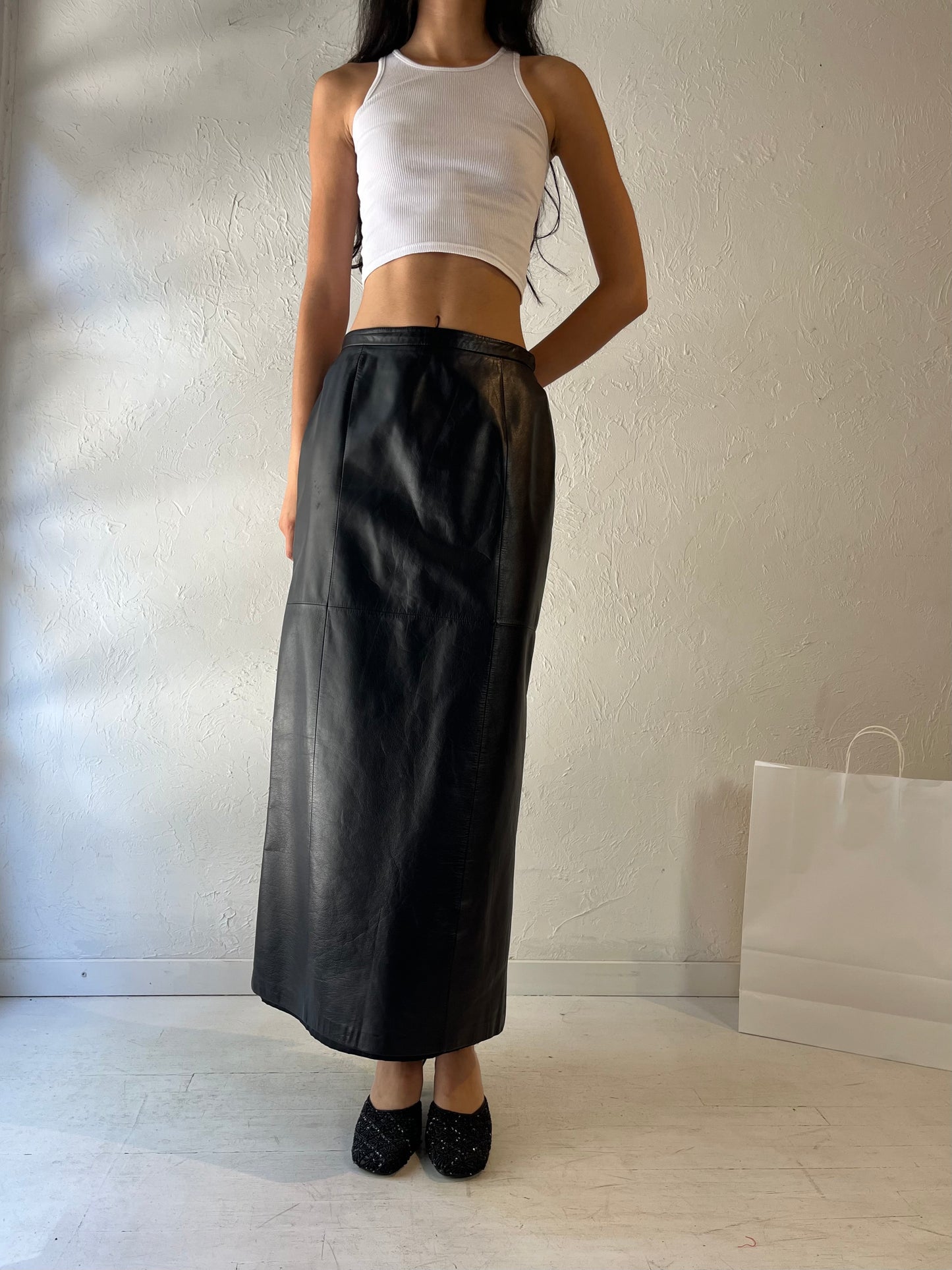 90s 'Danier' Long Black Leather Pencil Skirt / Small - Medium