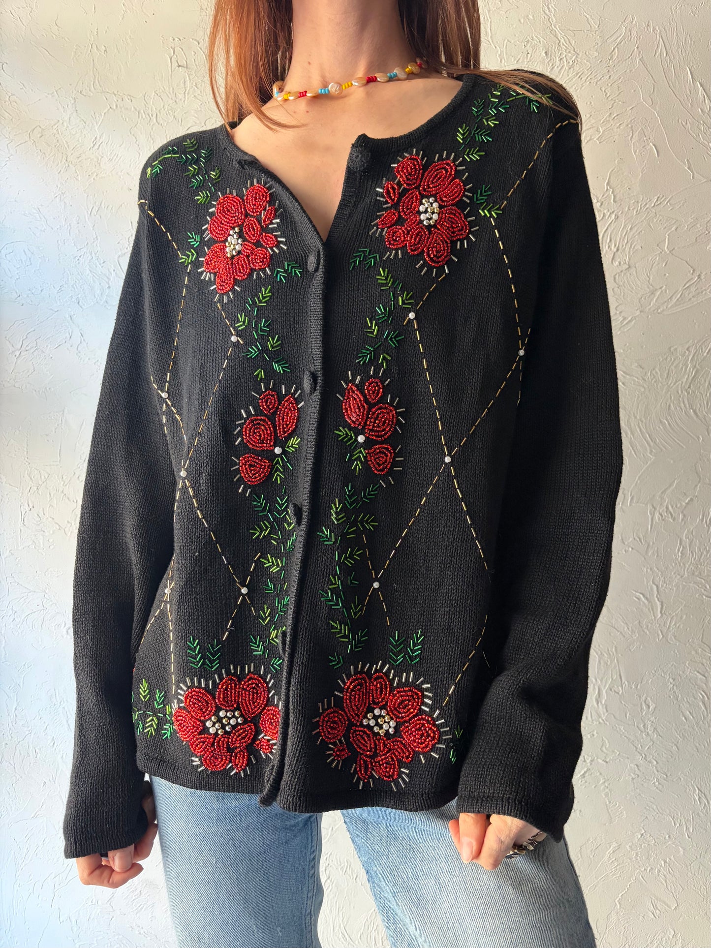 90s 'Victoria Jones' Beaded Floral Cardigan / Medium