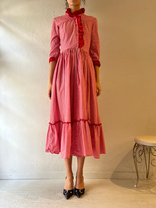 70s Handmade Red Gingham Peasant Dress / Small