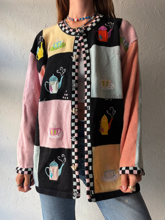 90s 'Story Board Knits' Teapot Cardigan Novelty Knit Sweater Cozy Grandma Cottagecore Retro Button Up / XXL