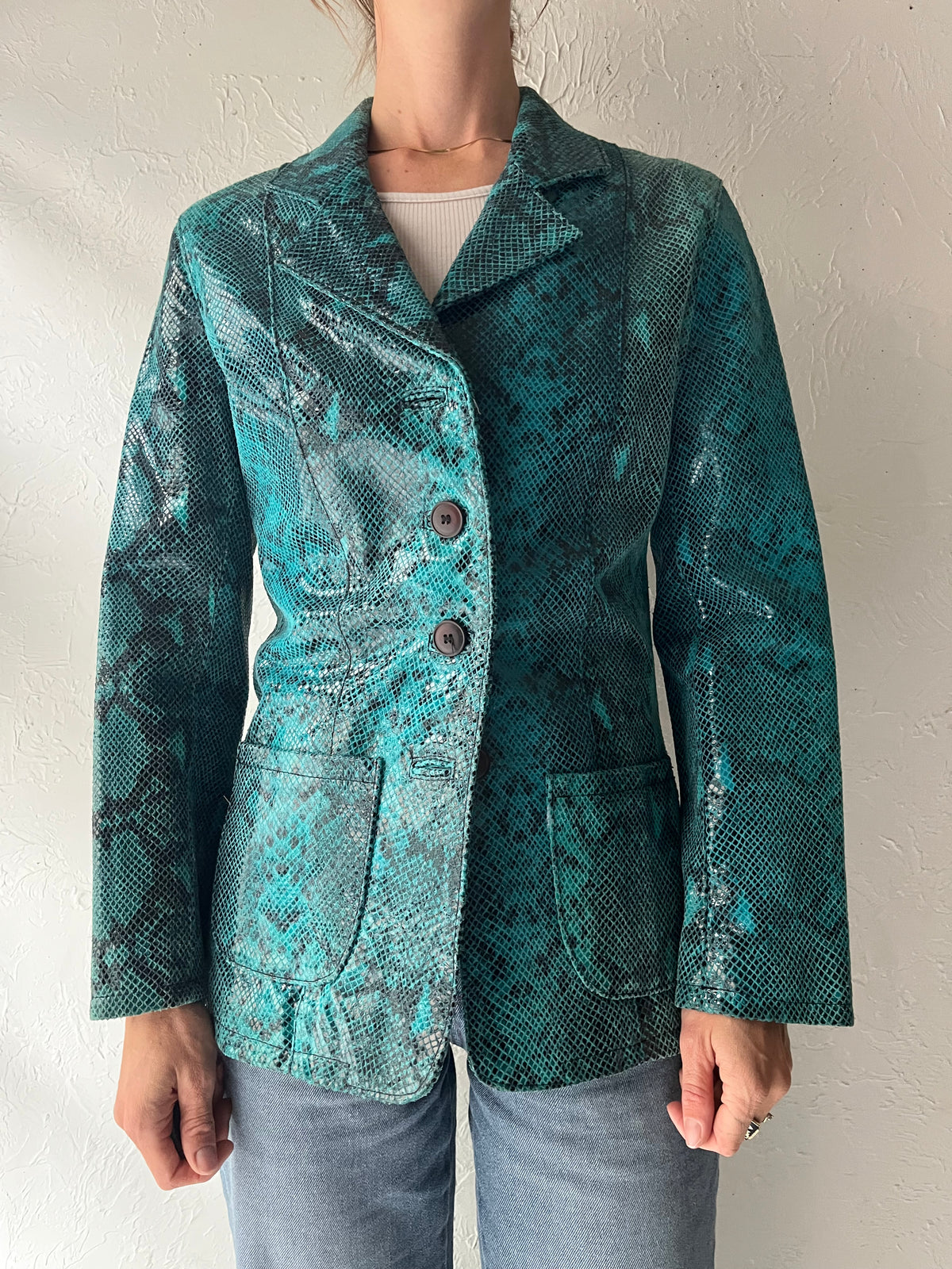 Vintage 'Vera Pelle' Blue Leather Jacket / Small