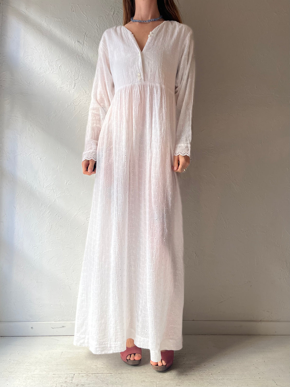 90s 'White Elegance' White Eyelet Romantic Boho Prairie Cottagecore Summer Maxi Dress /  Medium