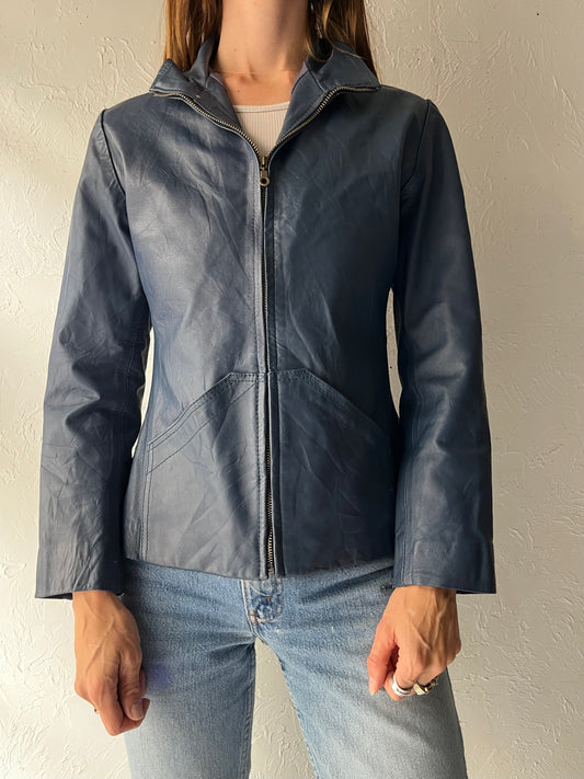 90s 'Moon Beam' Blue Leather Minimalist Grunge Zip Up Moto Utility Jacket / Small