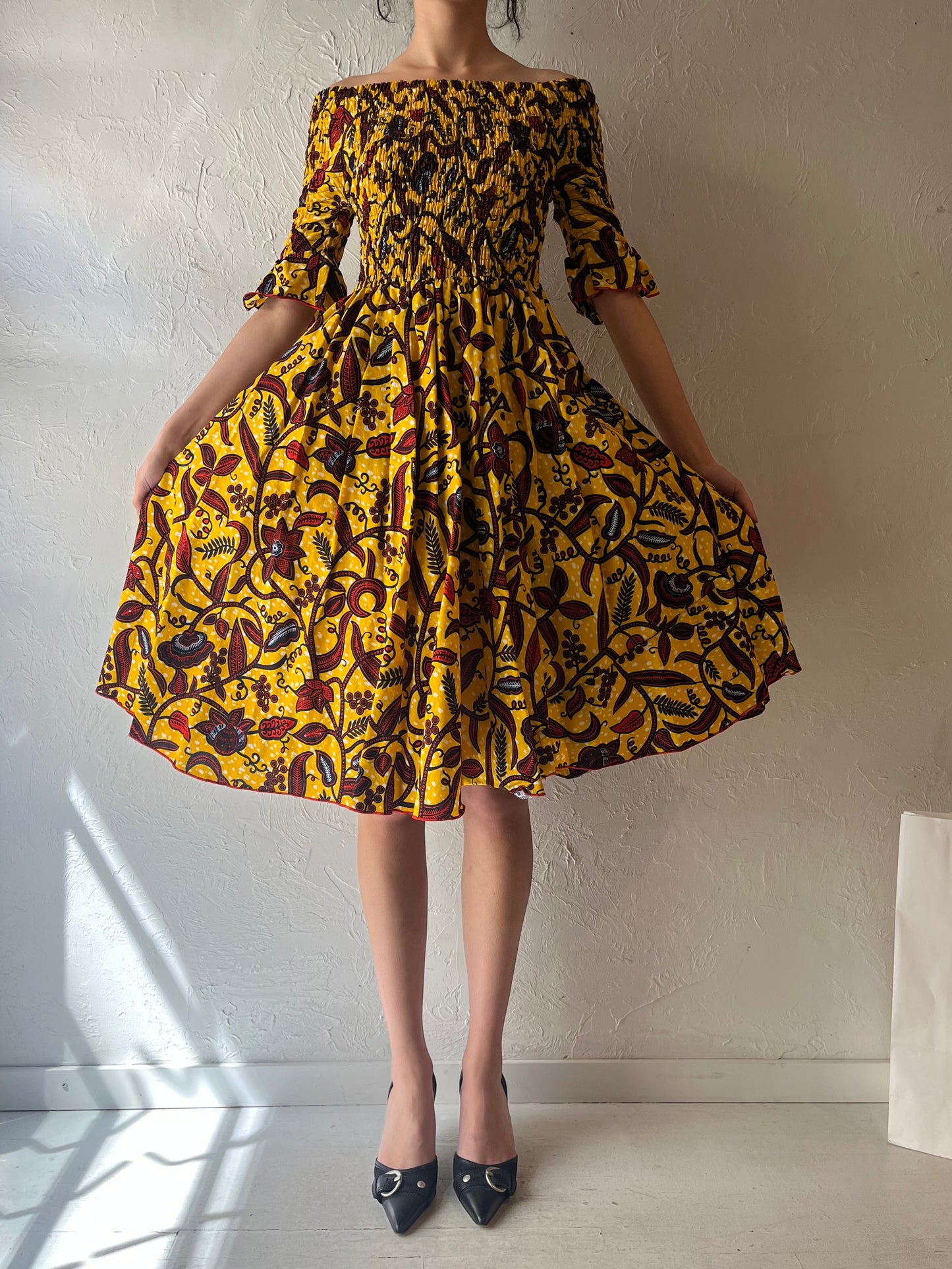 90s Yellow Abstract Smocked Dress / Small