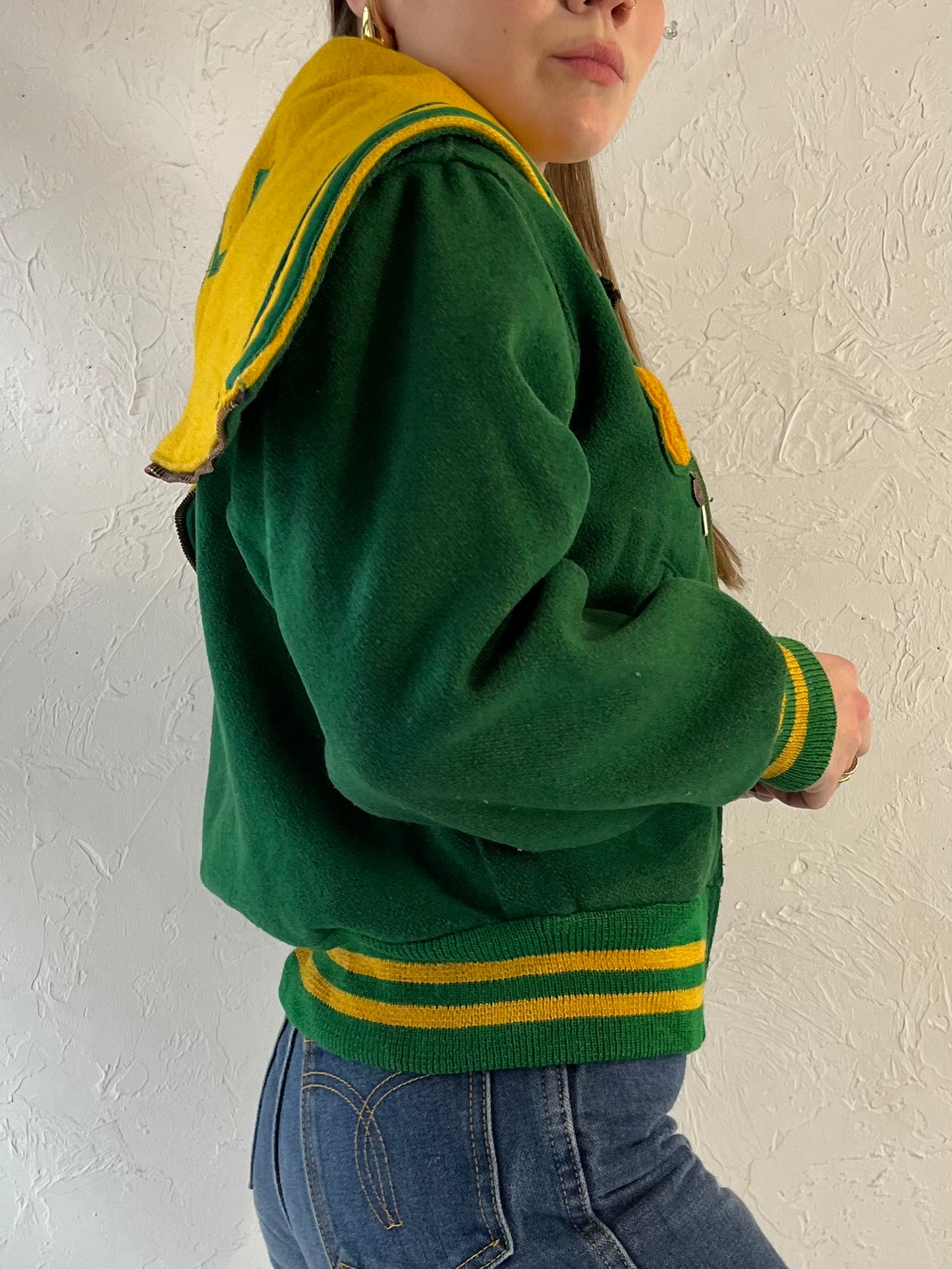 70s Youth Green Wool Varsity Jacket / Union Made / Small