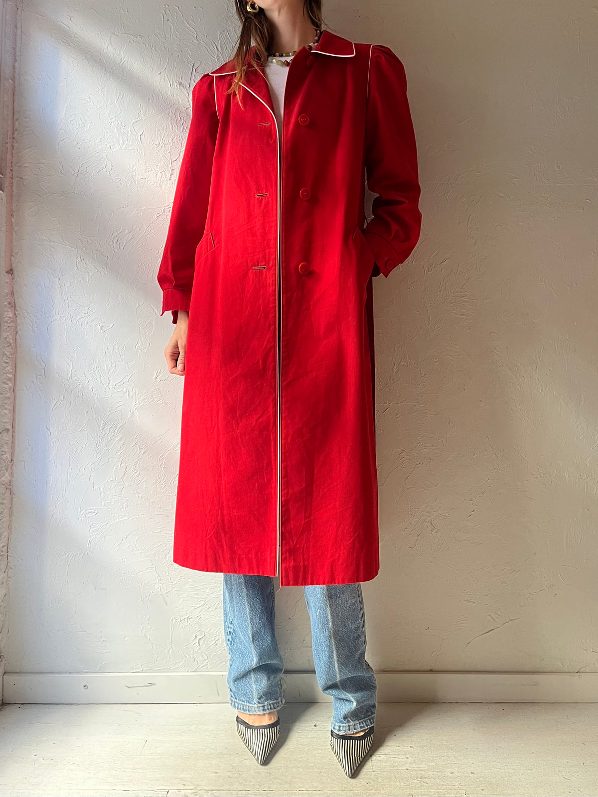 90s 'Collection Elegante' Red Minimalist Academia Trench Coat / Small