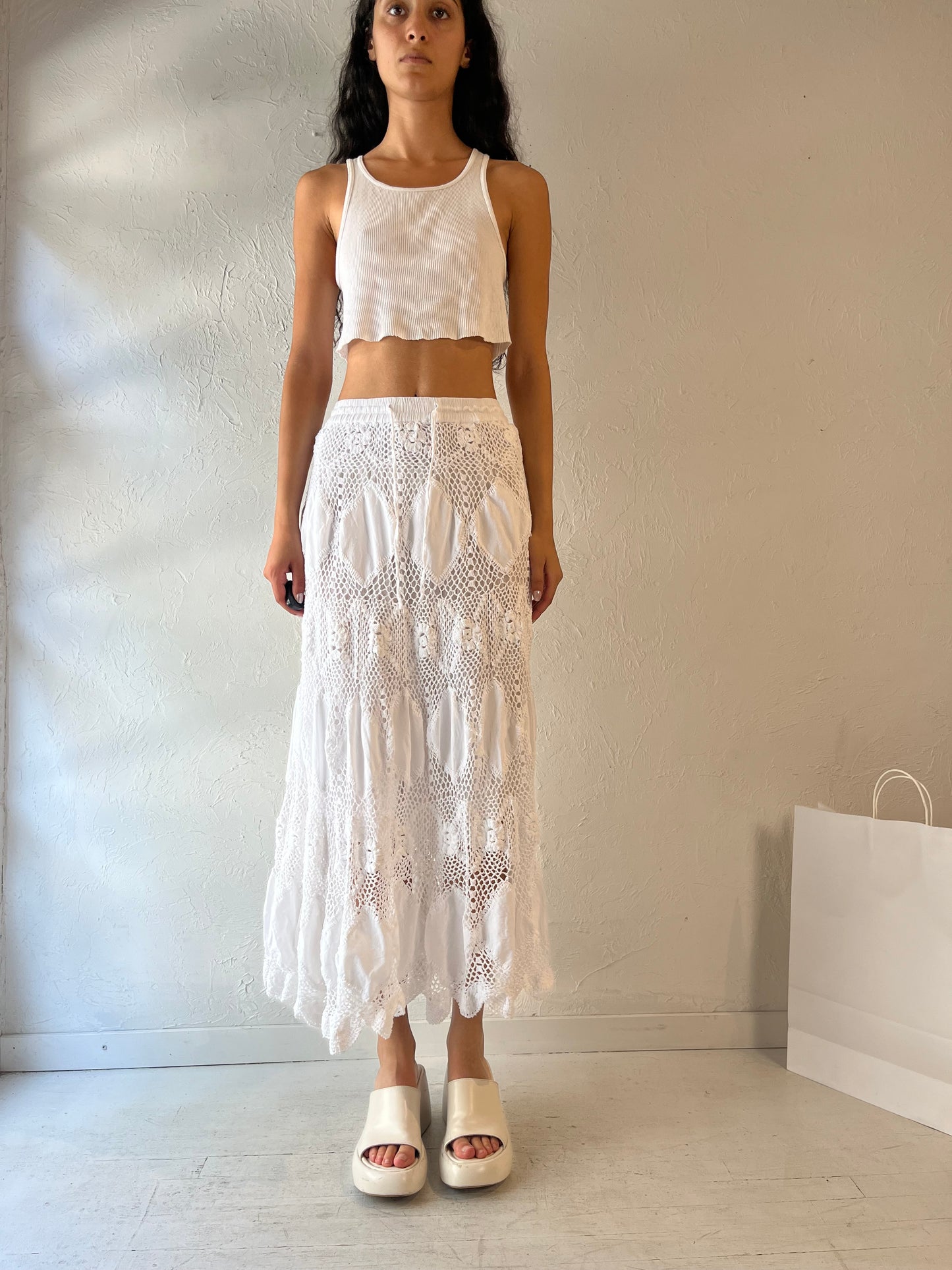 Y2k 'Baja Clothing' White Cotton Crochet Maxi Skirt / Small