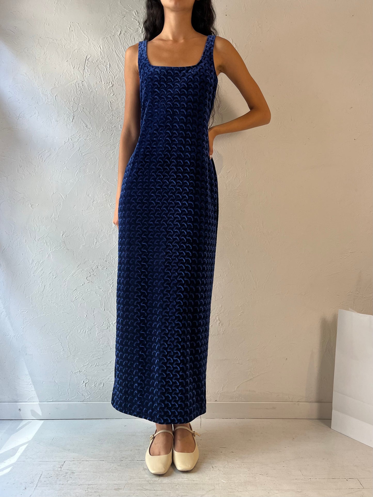 90s 'Algo' Blue Velvet Maxi Dress / Medium