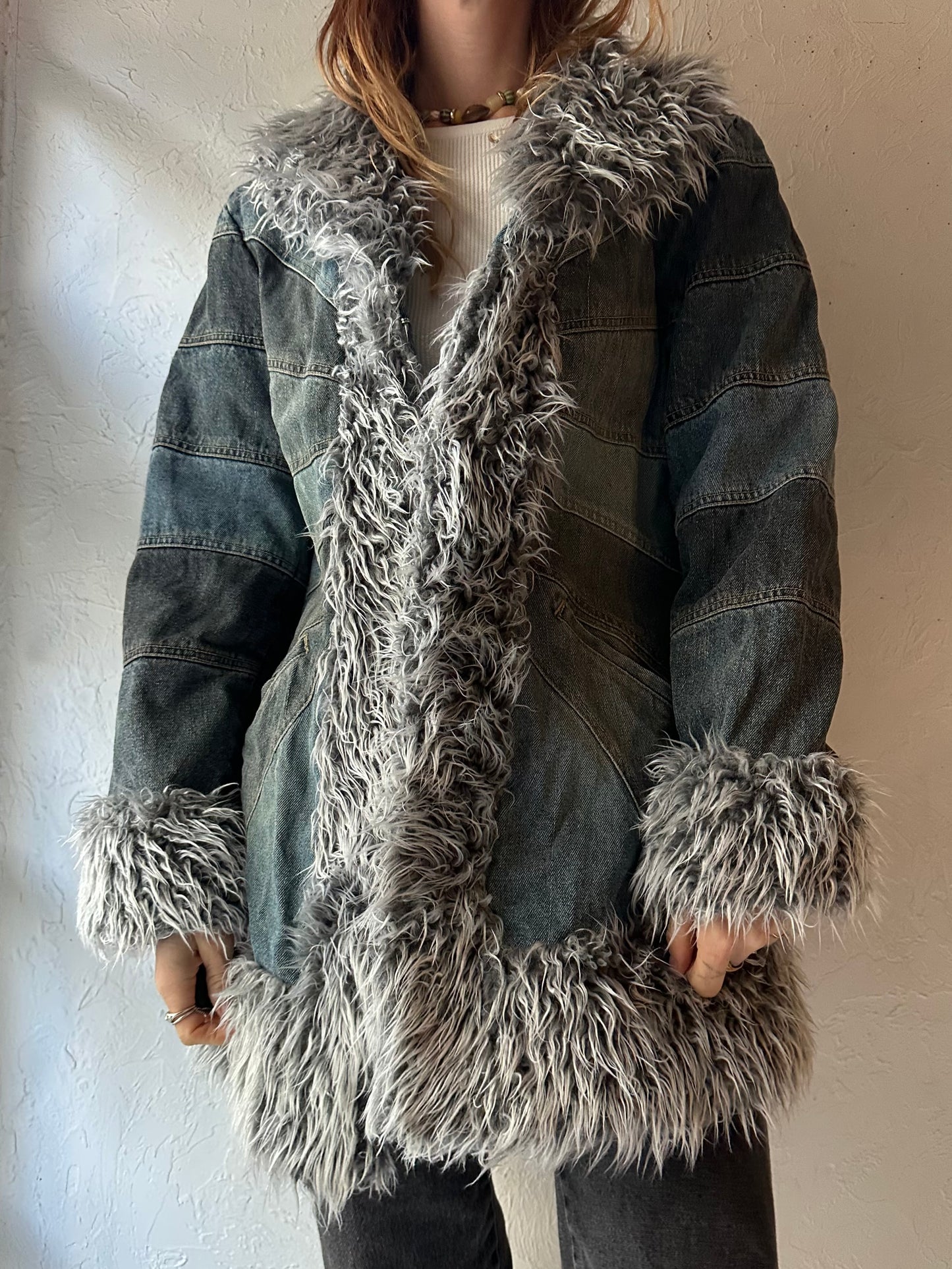 90s Y2k 'Giacca' Denim Faux Fur Jacket / Medium