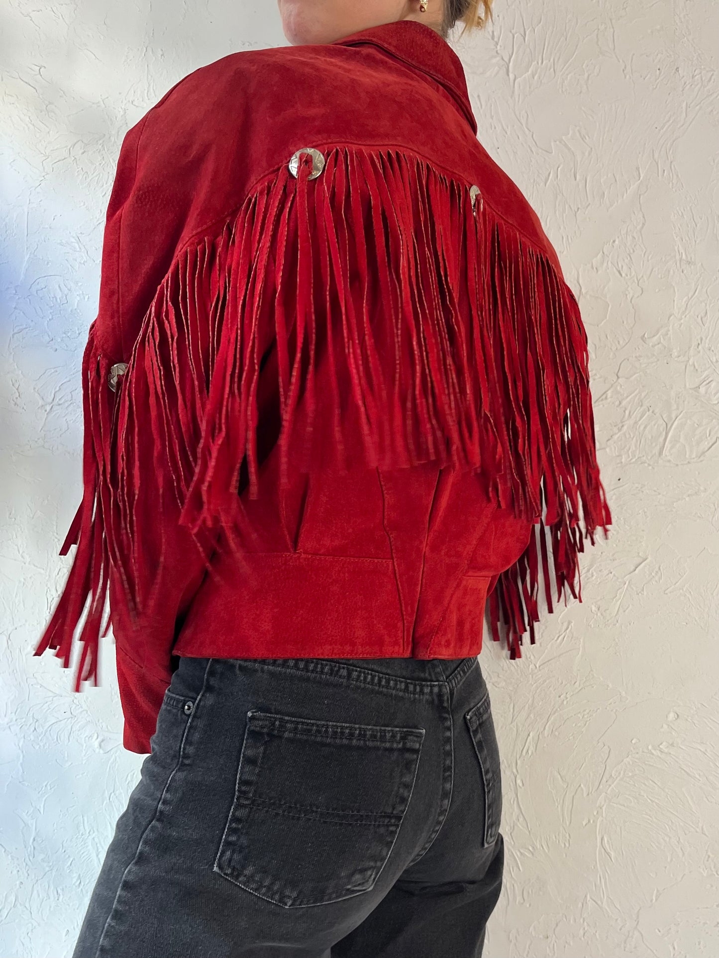 80s 'Outerbound' Red Suede Leather Fringe Jacket / Large