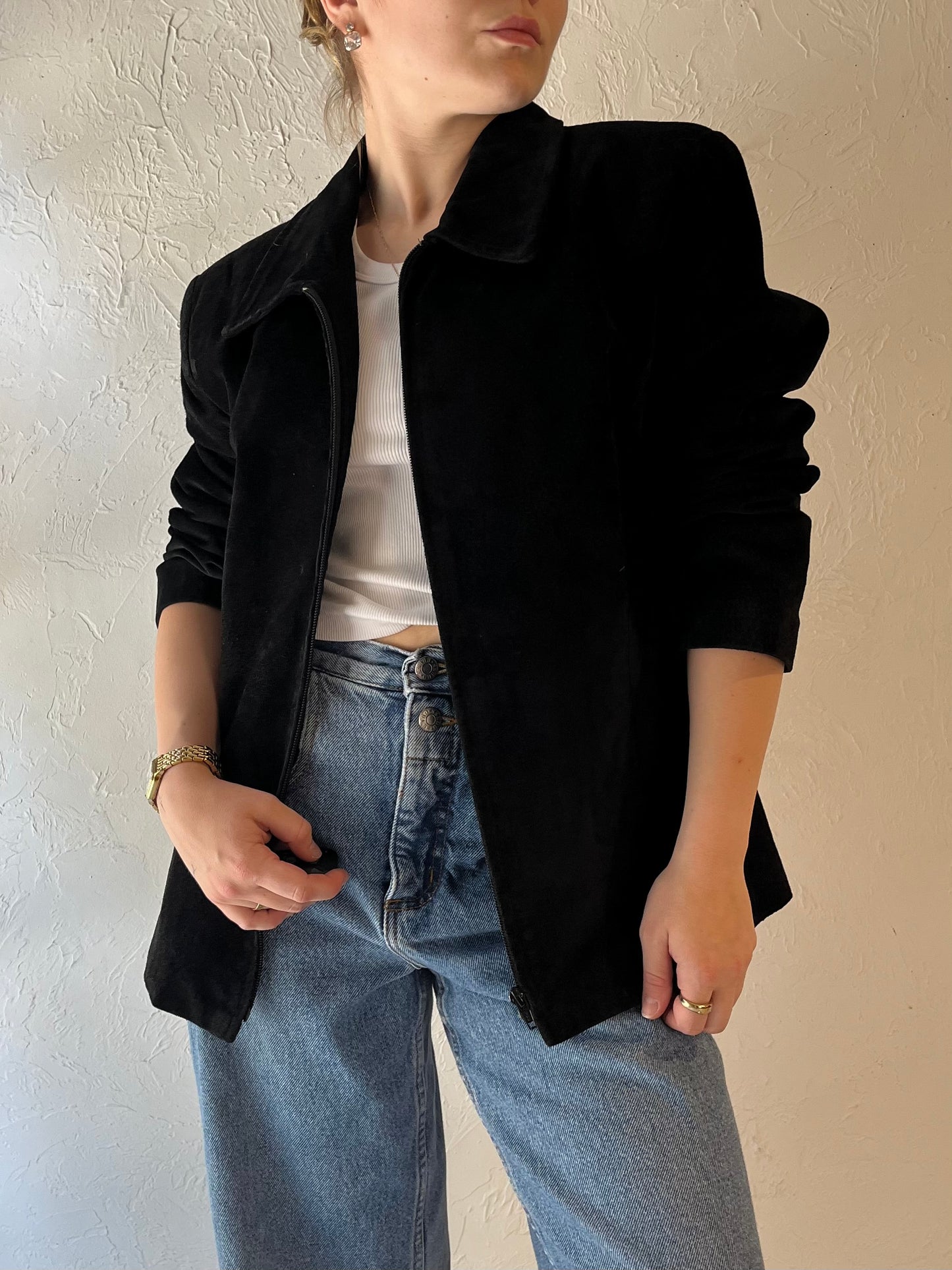 90s 'Danier' Black Suede Leather Jacket / Large