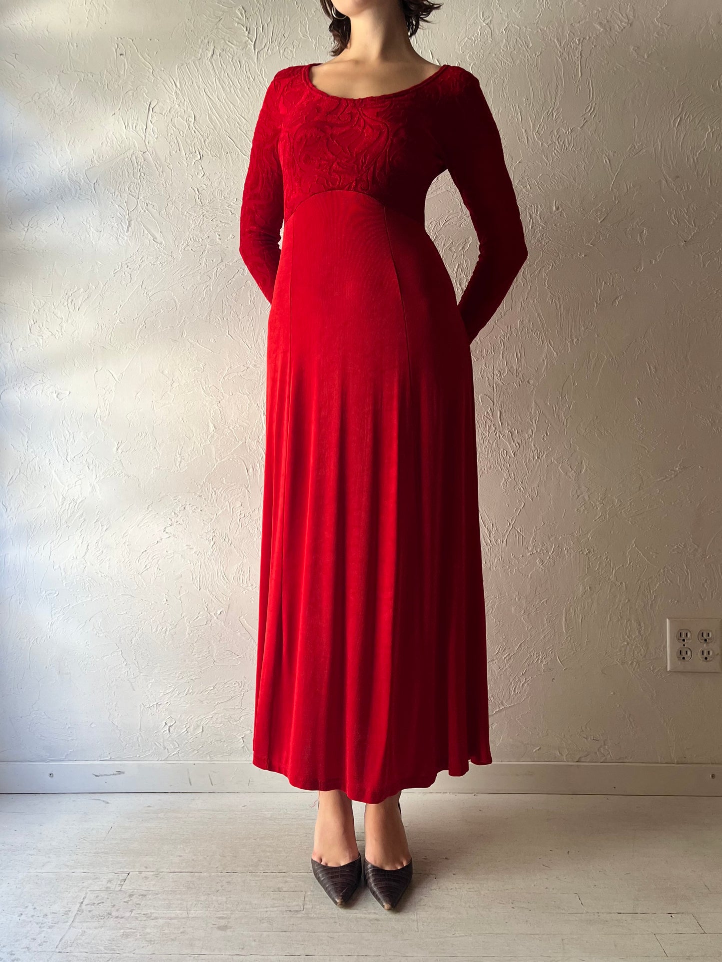 90s 'Style Works' Red Retro Romantic Fitted Maxi Dress / Small - Medium