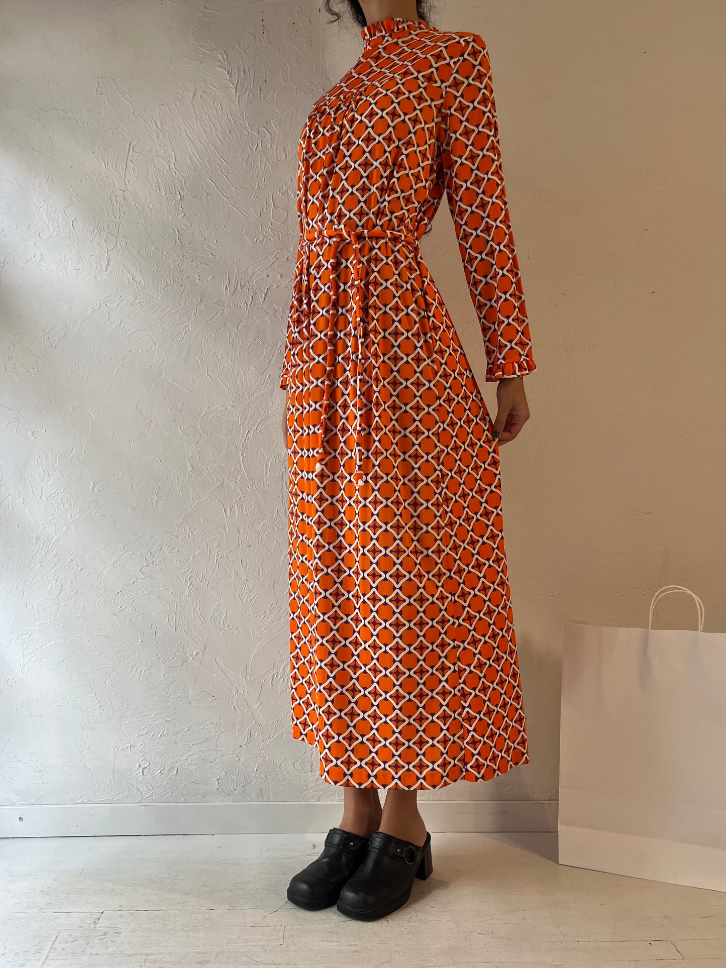 70s Orange Retro Patterned Kaftan Maxi Dress / Small