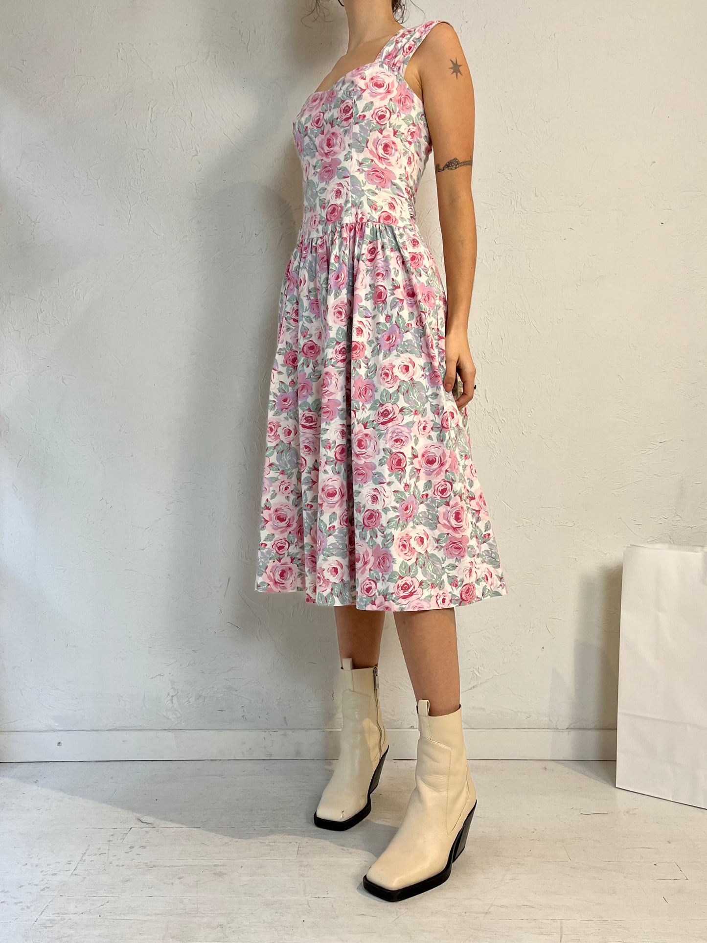 90s 'Joni Blair' Pink Floral Print Cotton Day Dress / Small