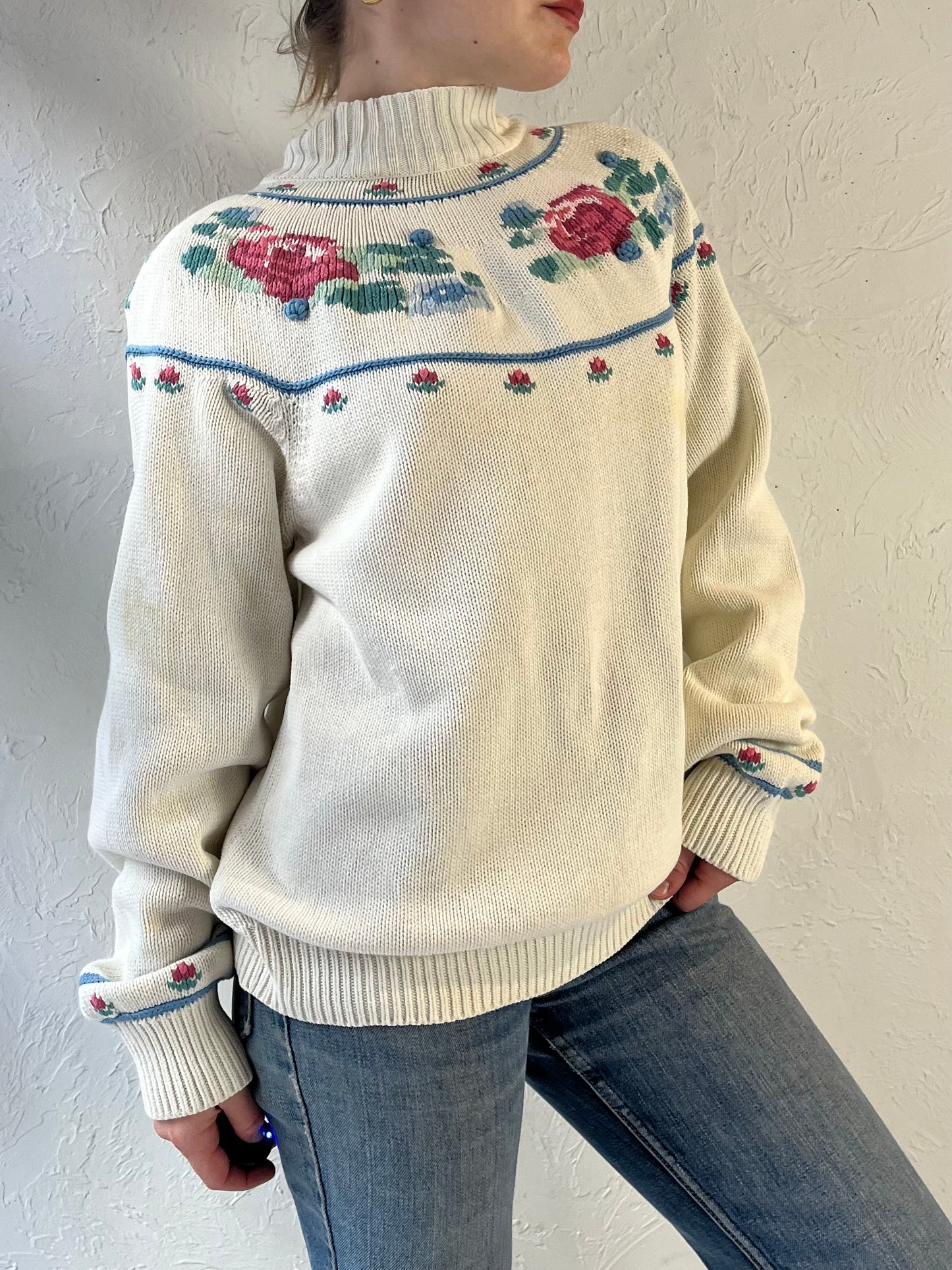 90s ‘North Country’ Floral Knit Sweater / Medium