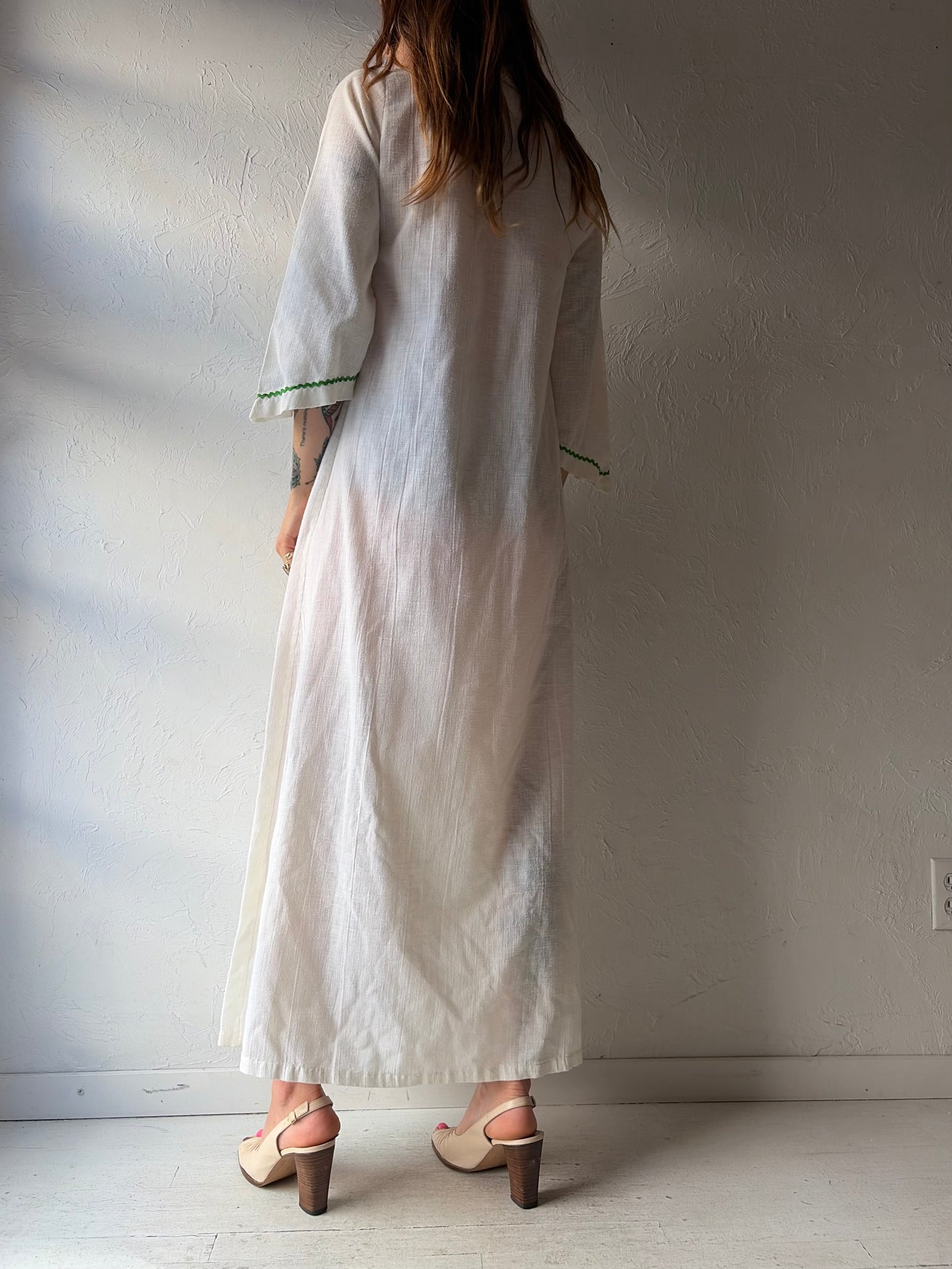 70s 'Leisure Fashions' Cotton Gauze Embroidered Maxi Dress / Small