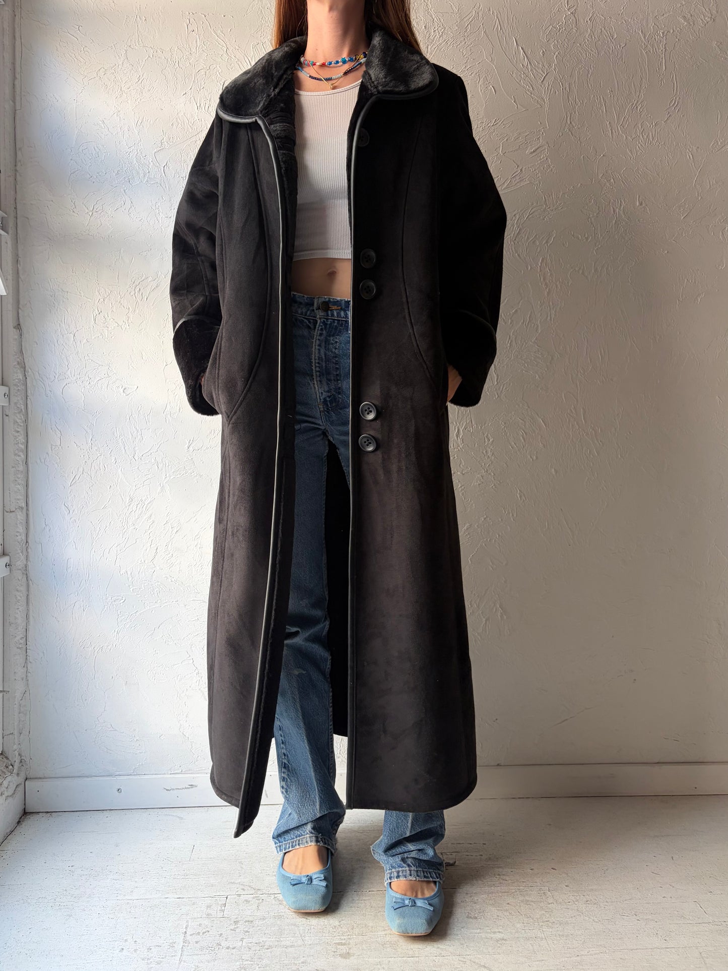 Vintage 'Pizazz' Black Micro Suede Coat / Small