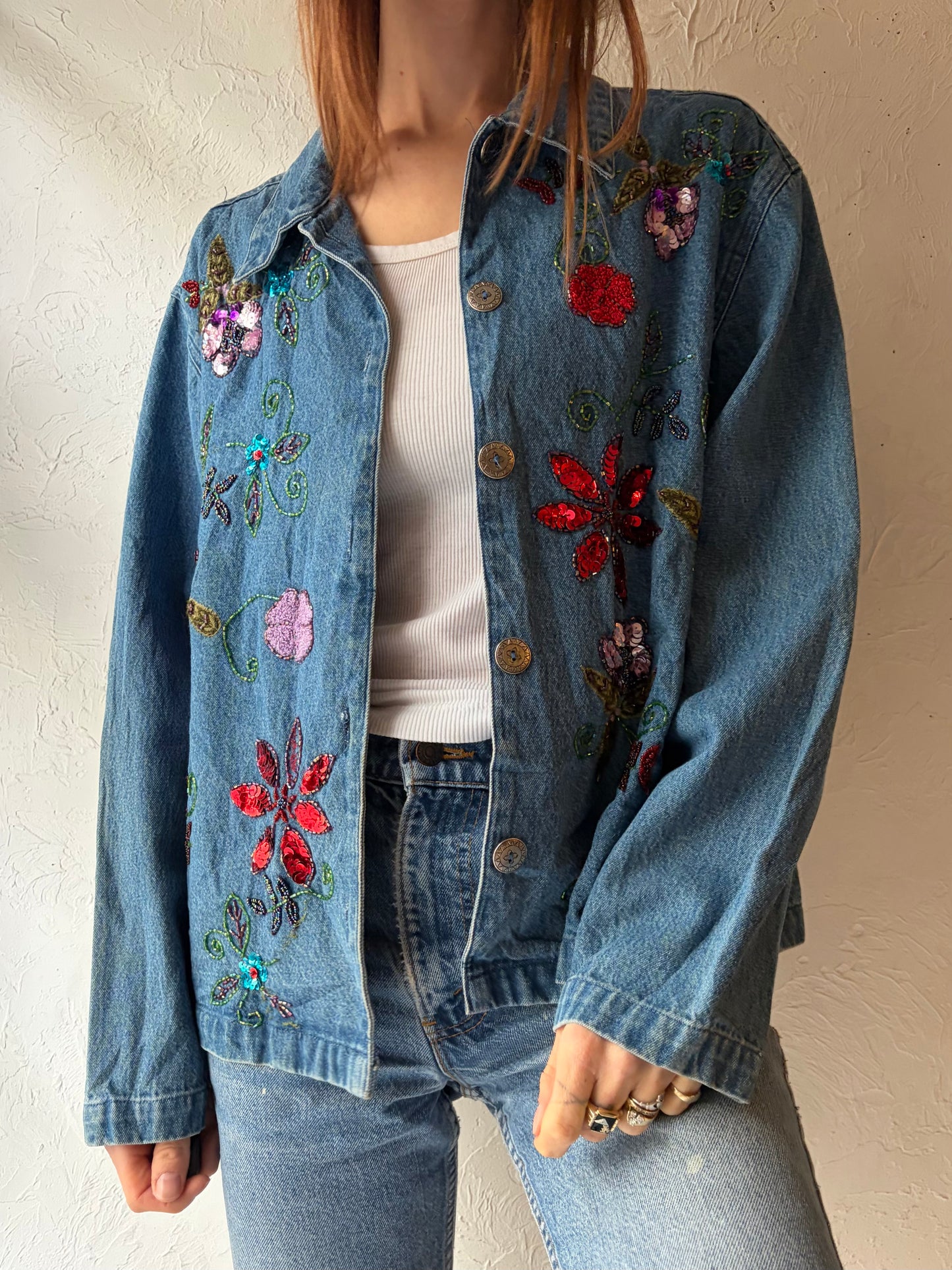 90s 'Tantrum' Beaded Denim Jacket / Medium