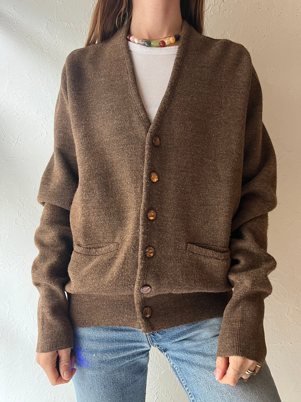 80s ‘Warren-Knit’ Brown V-Neck Minimalist Normcore Preppy Academia Cardigan Sweater / Large