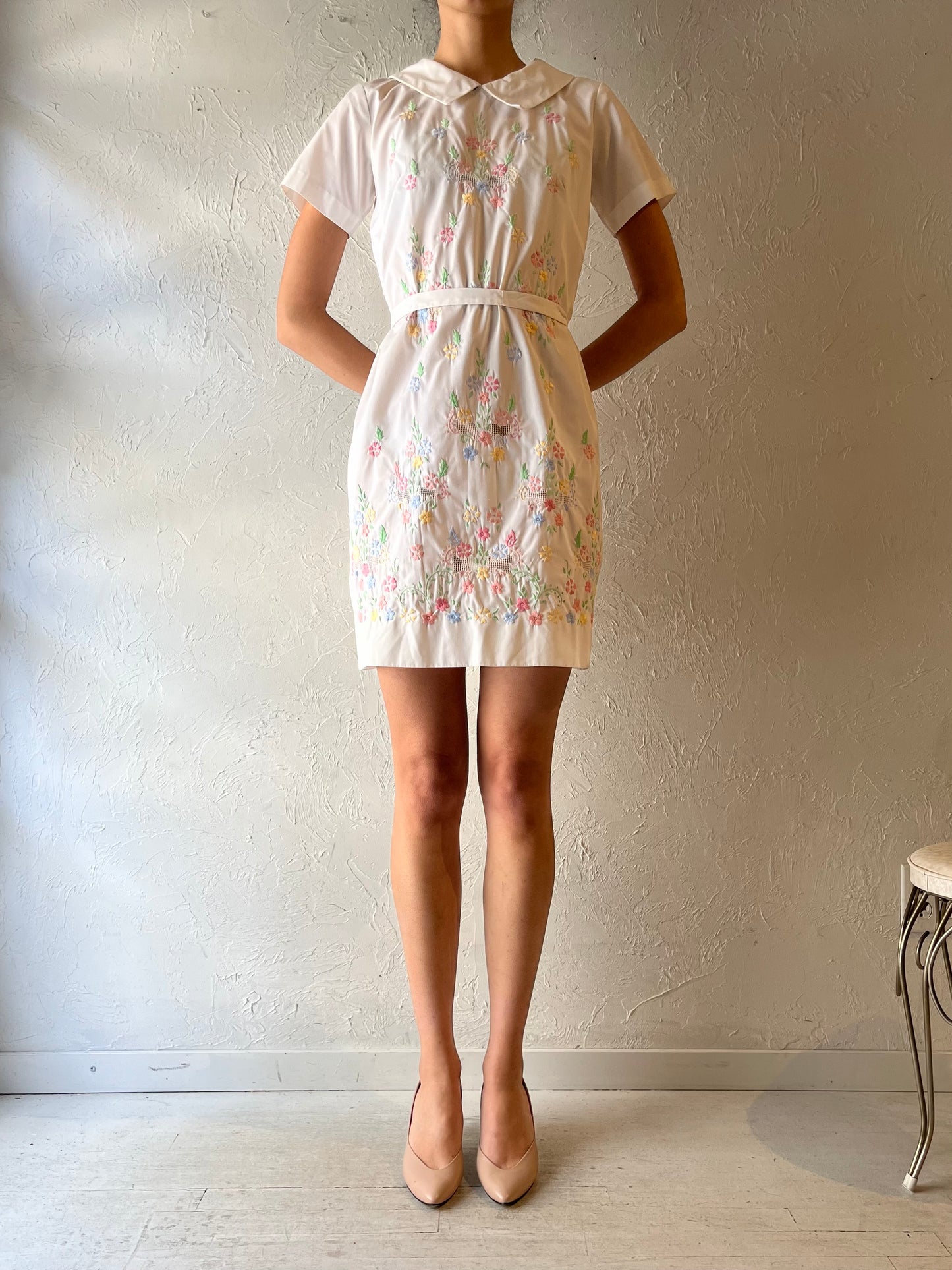 Vintage Handmade White Embroidered Boho Cottagecore Summer Mini Shirt Dress / Small - Medium