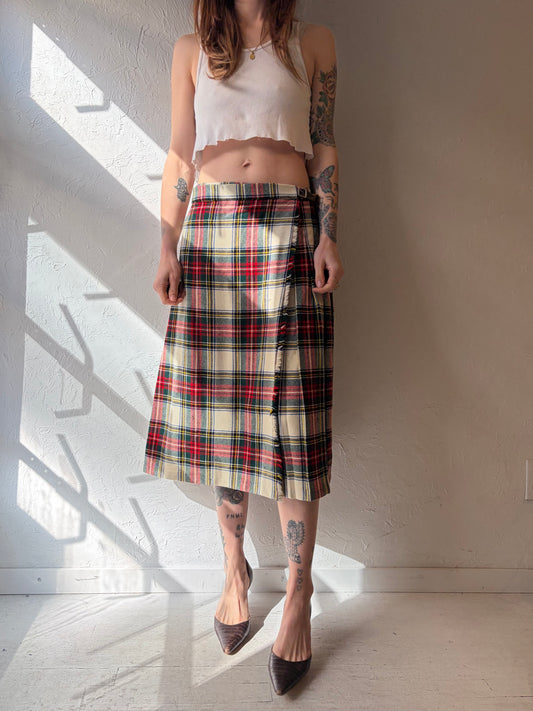90s Wool Plaid Pleated Skirt / Medium
