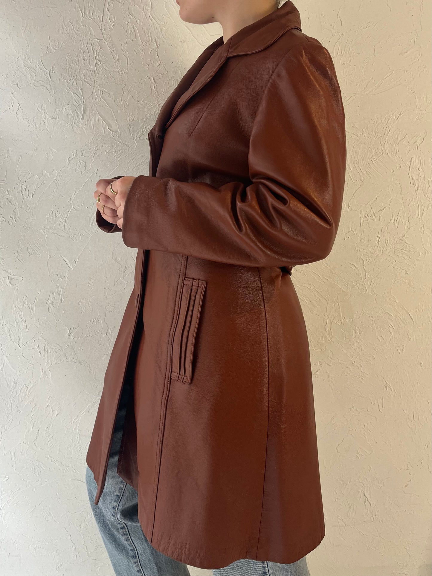 90s 'Trojan' Burgundy Leather Half Trench Jacket / Medium