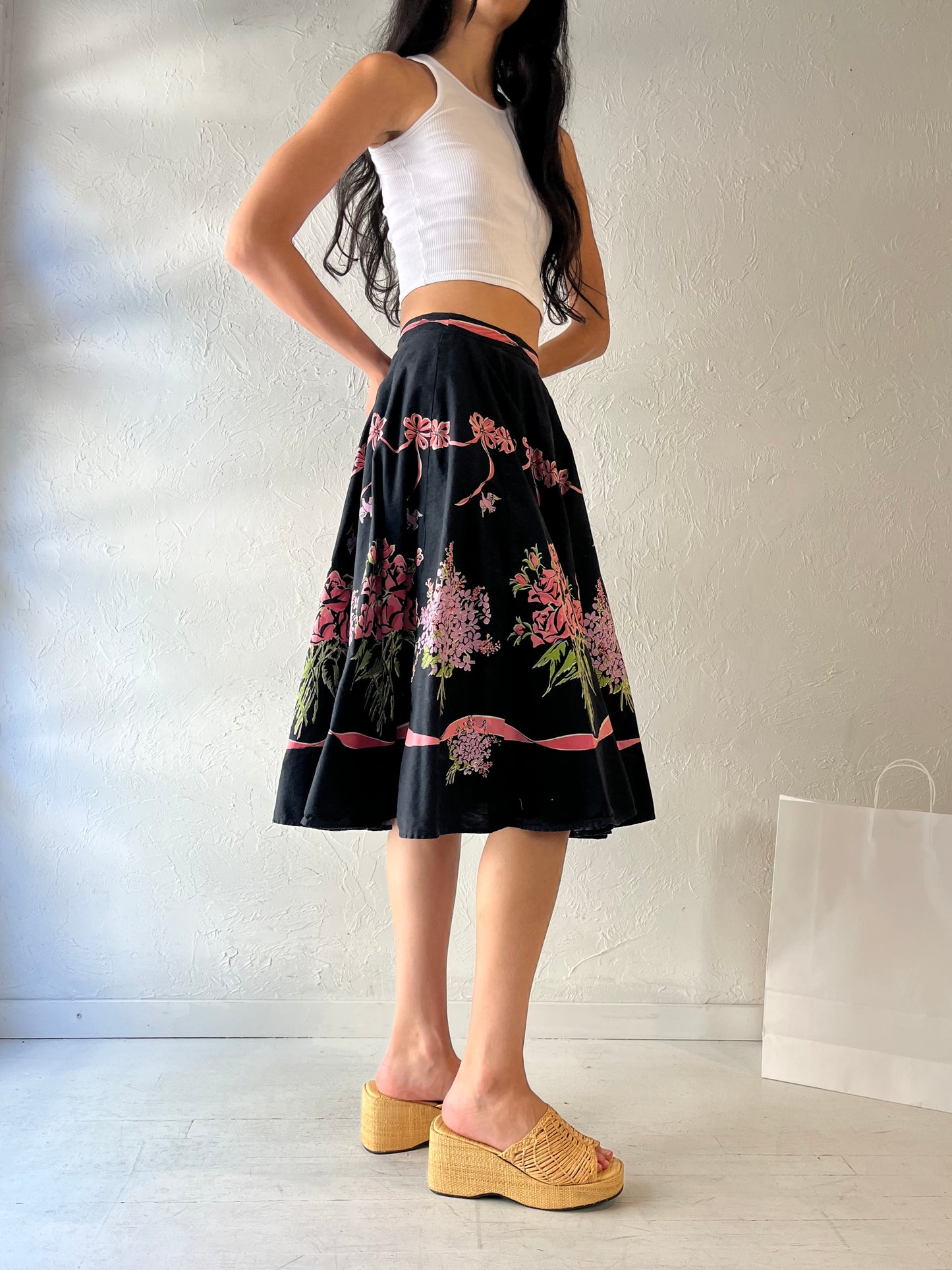 Vintage Handmade Black Bow Midi Skirt / Small