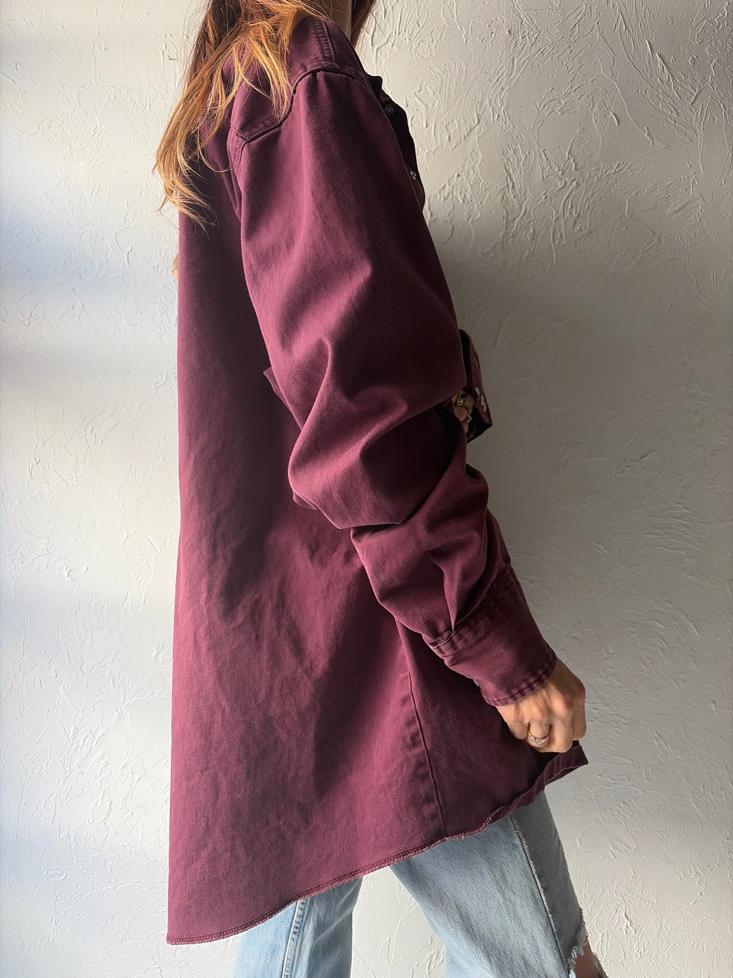 Y2k 'Wrangler' Burgandy Western Cowboy Workwear Pearl Snap Up Shirt / XXL