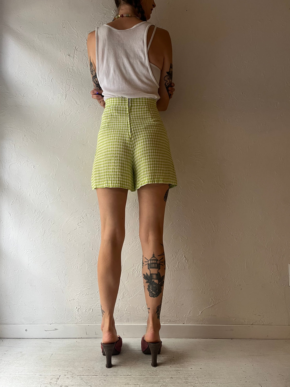 80s Lime Green Gingham High Waisted Checkered Mod Retro Cottagecore Summer Skort / XSmall