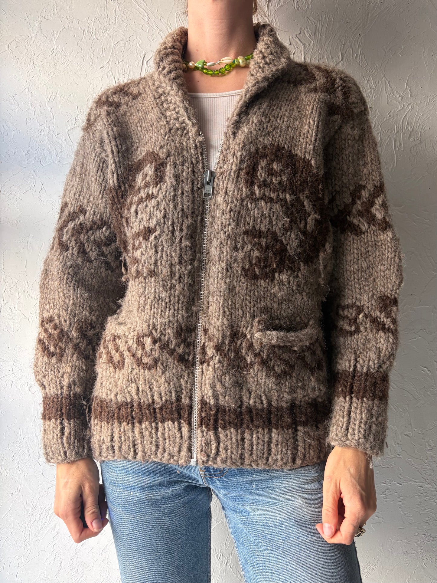 Vintage Hand Knit Wool Whale Zip Up Sweater / Small