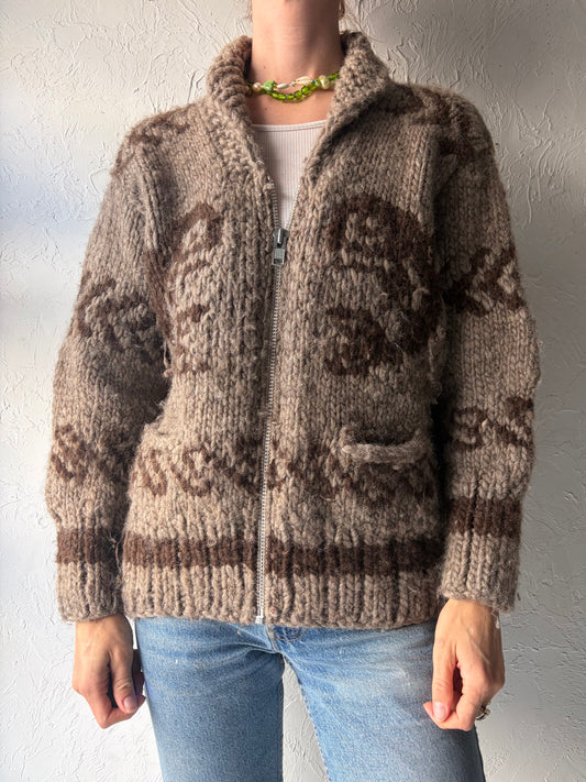 Vintage Hand Knit Wool Whale Zip Up Sweater / Small
