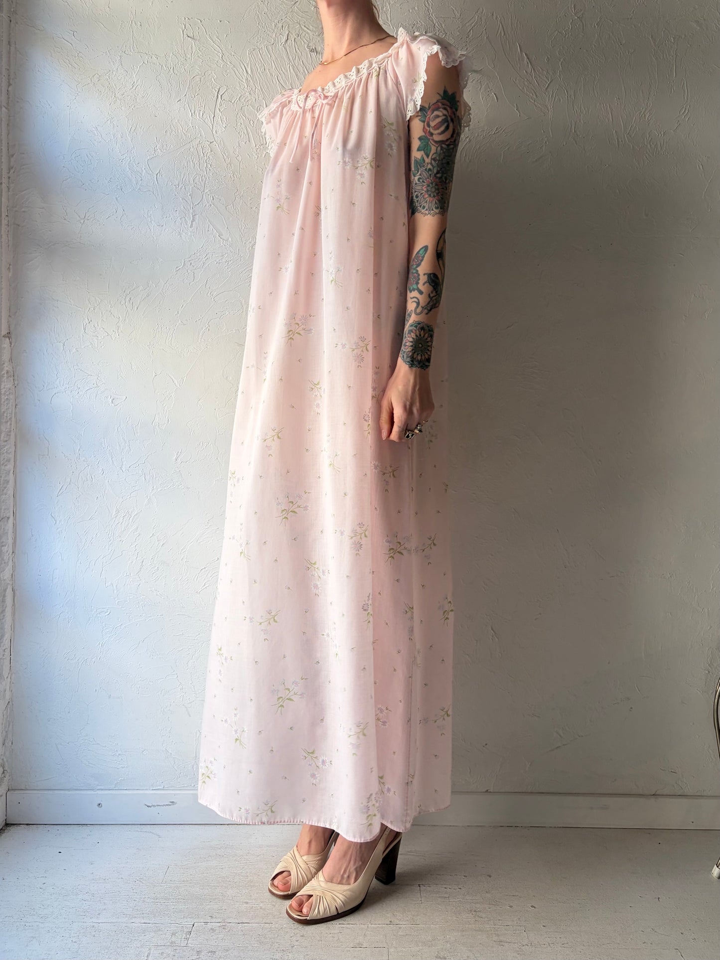 80s 'Komar' Pink Daisy Print Nighty Maxi Dress / Small