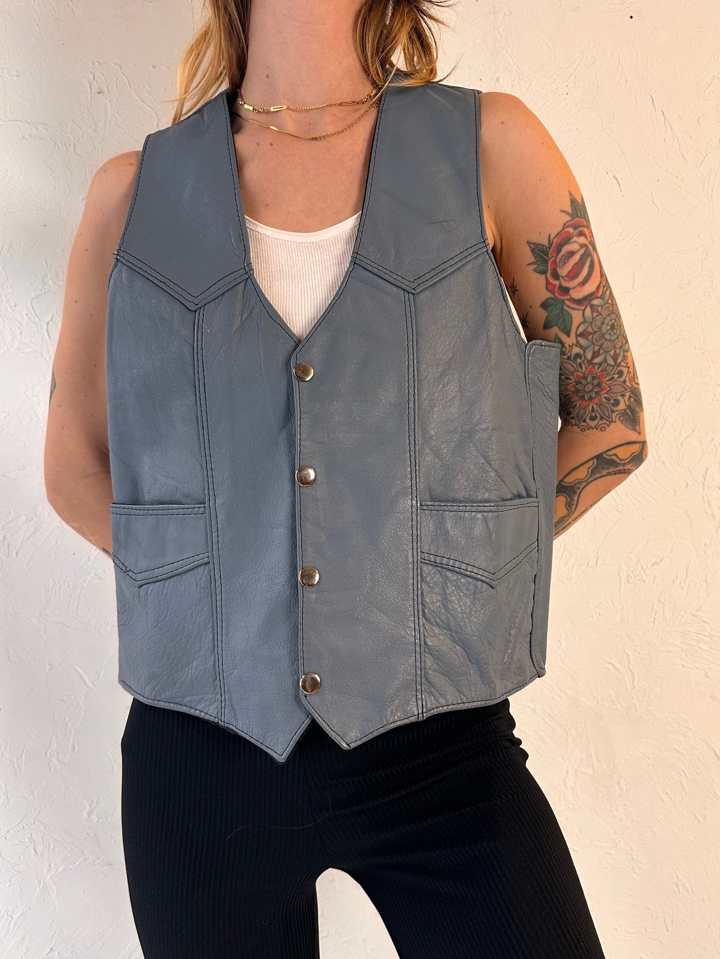 90s Blue Leather Vest / Small