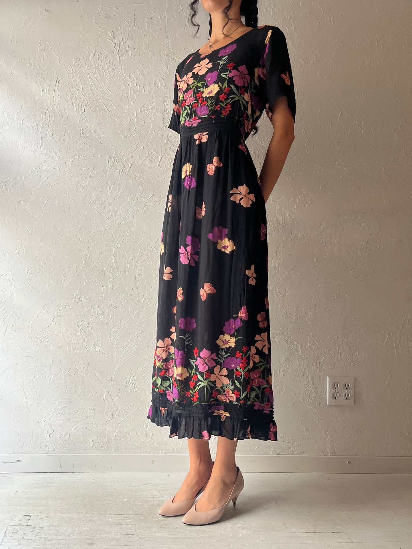 90s 'Papaya Moon' Floral Print Maxi Dress / Large