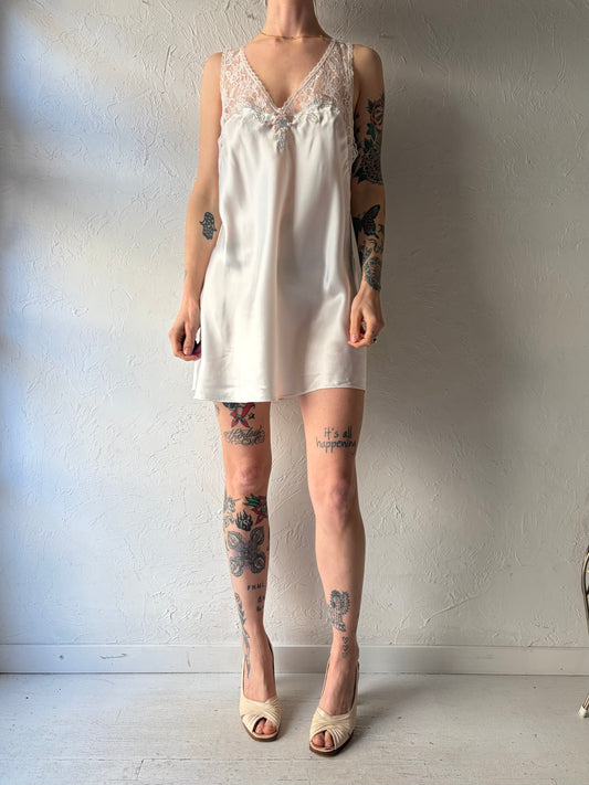 80s 'Val-Mode' White Lacey Mini Slip Dress / Medium