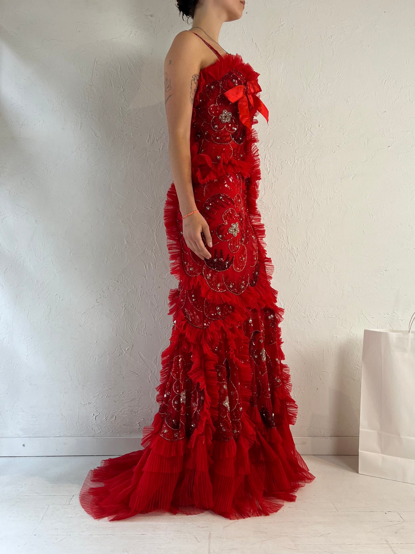 Vintage 'Shakez' Red Beaded Formal Gown / Small