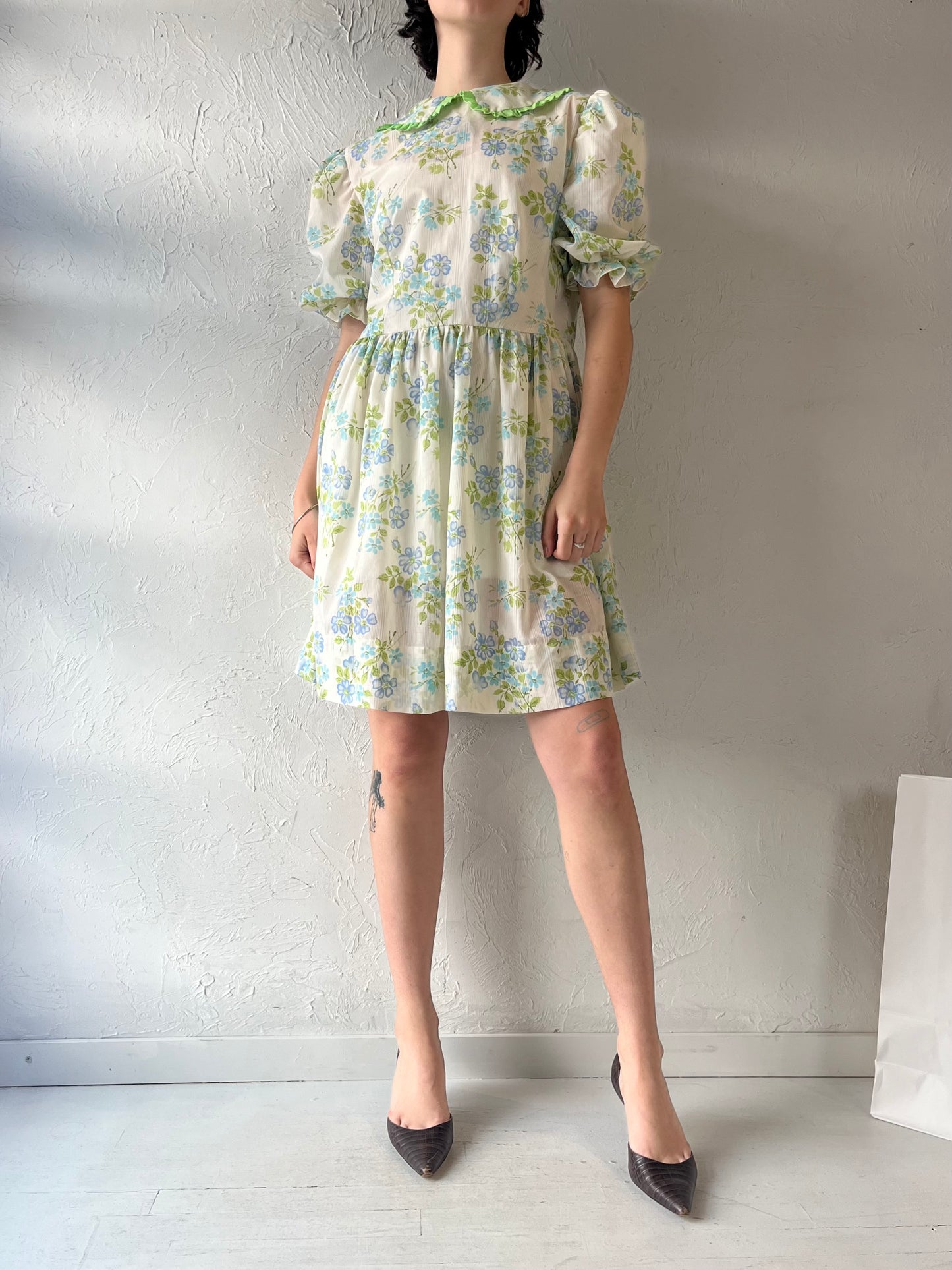 Vintage Handmade Green Floral Mini Dress / Medium