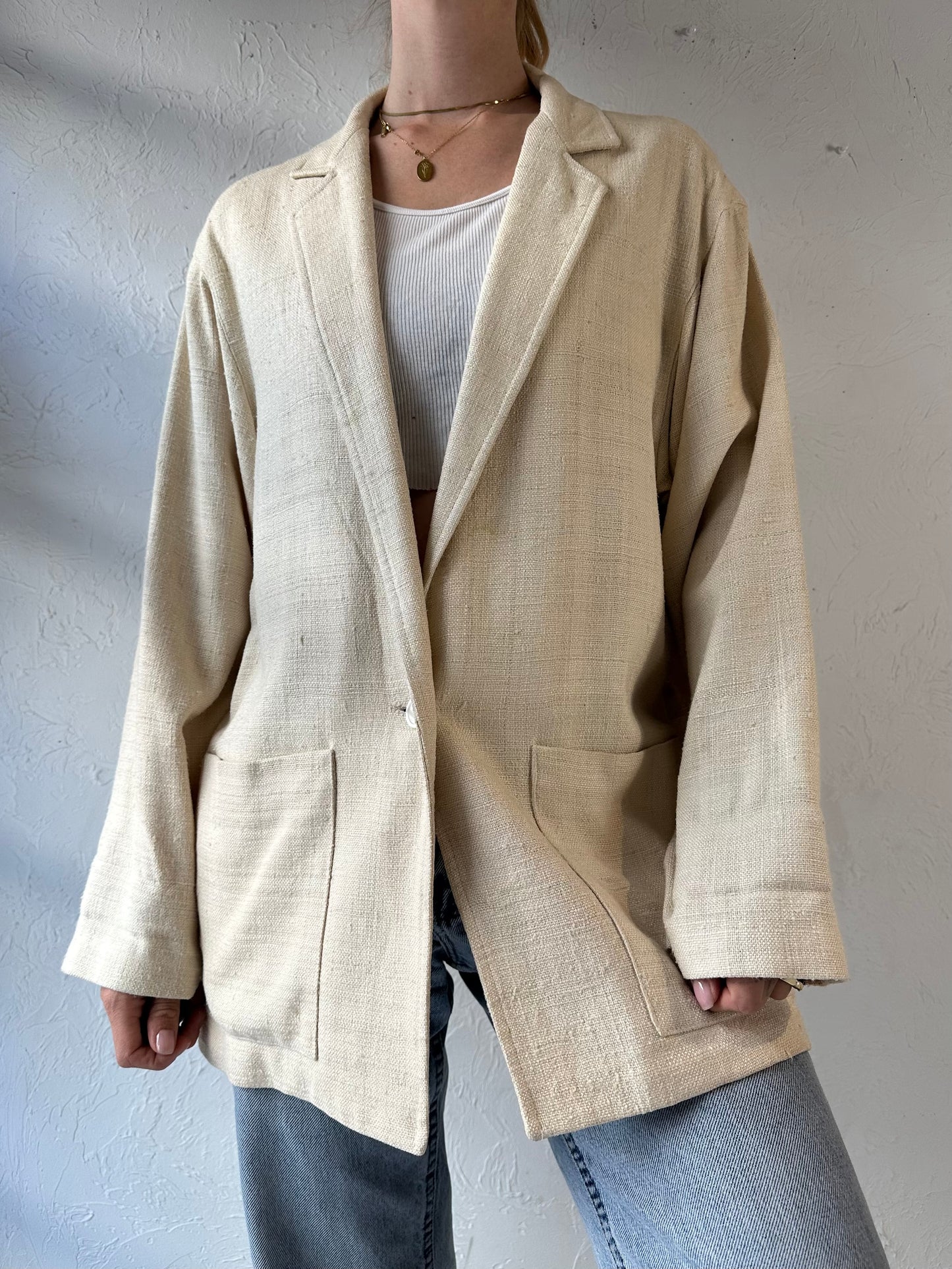 90s 'Savannah' Cream Silk Knit Oversized Blazer Jacket / Medium