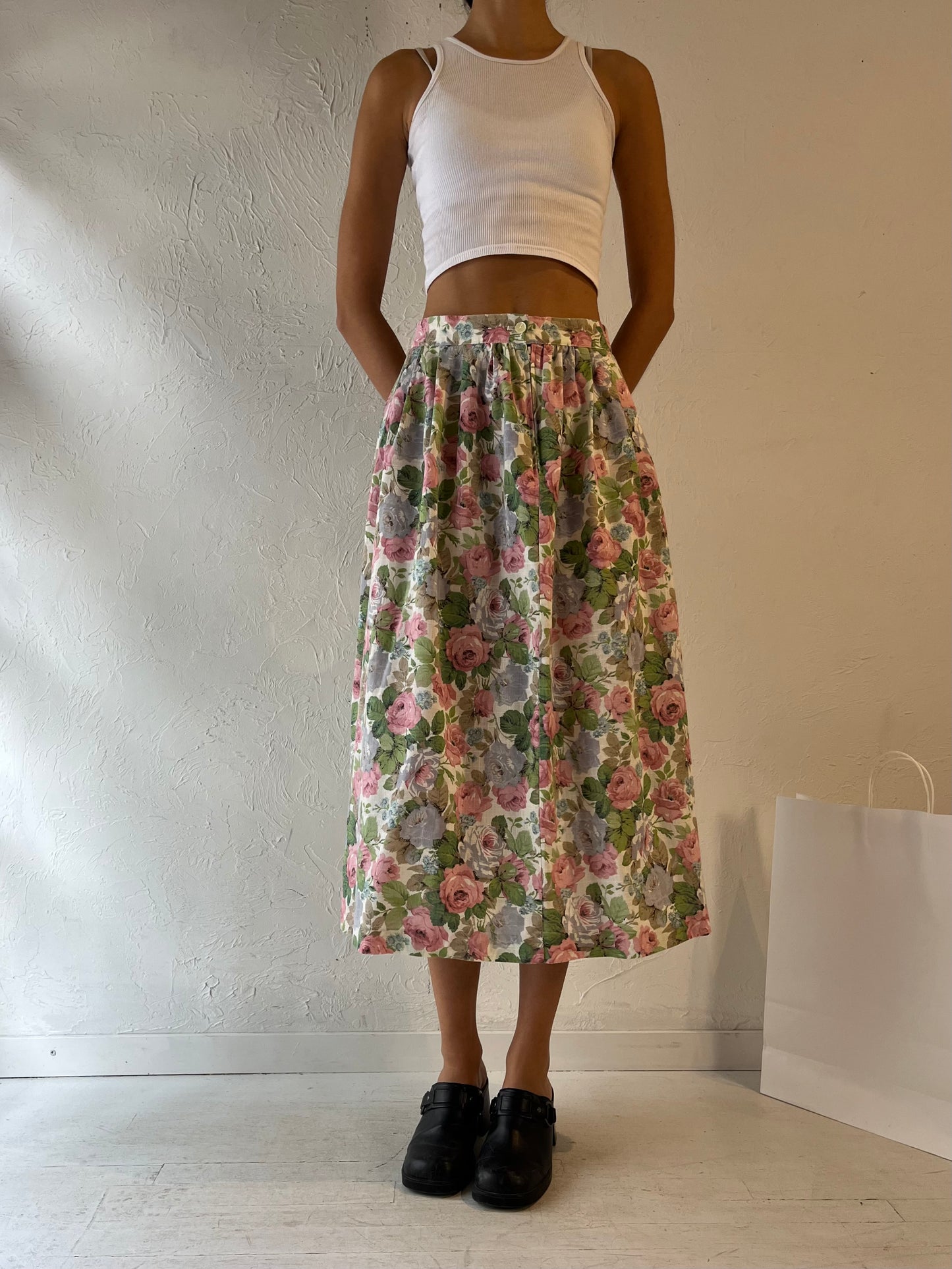 90s Pastel Floral Print Midi Skirt / Small