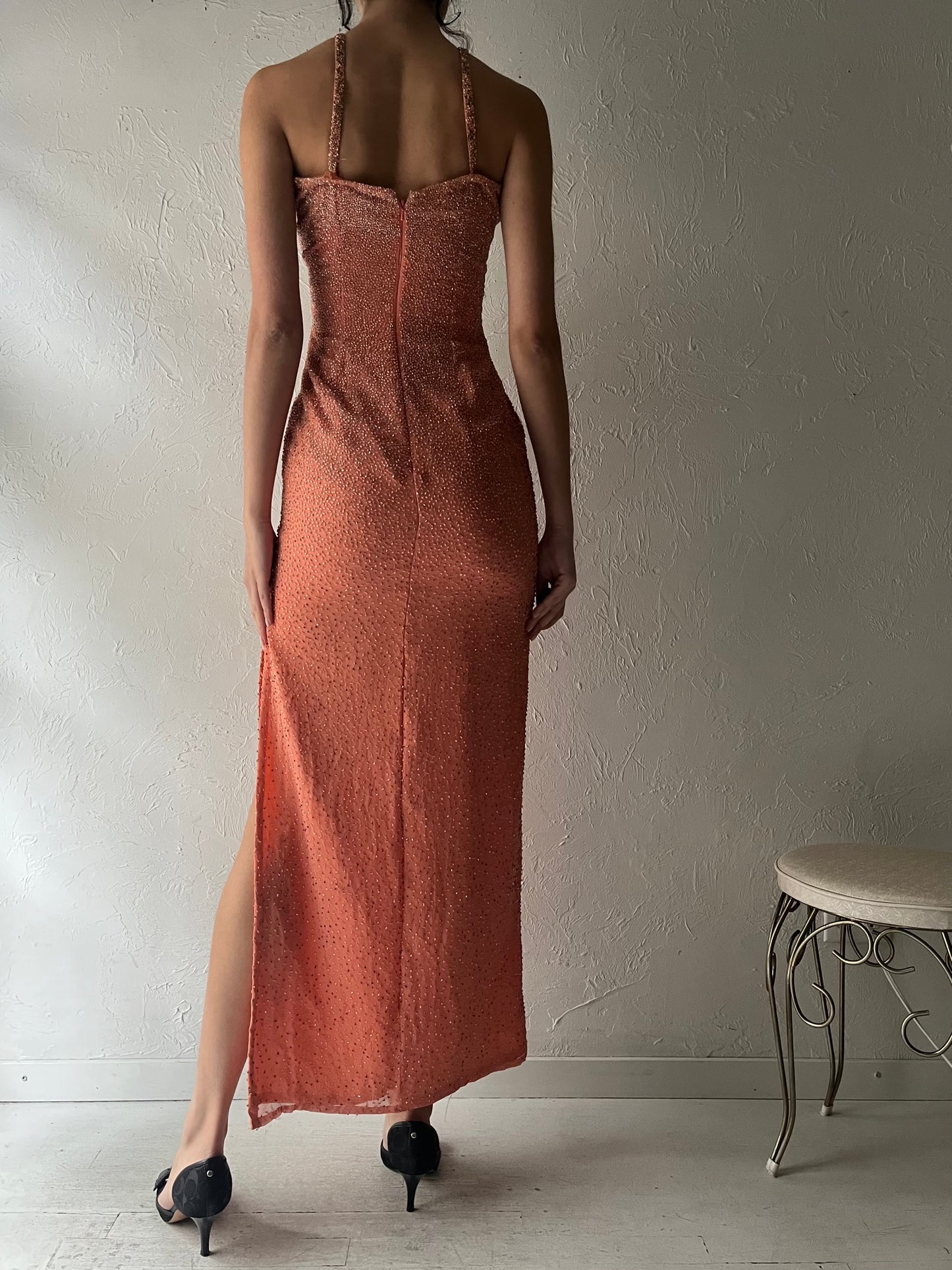 90s 'Scala' Orange Beaded Formal Dress / Small
