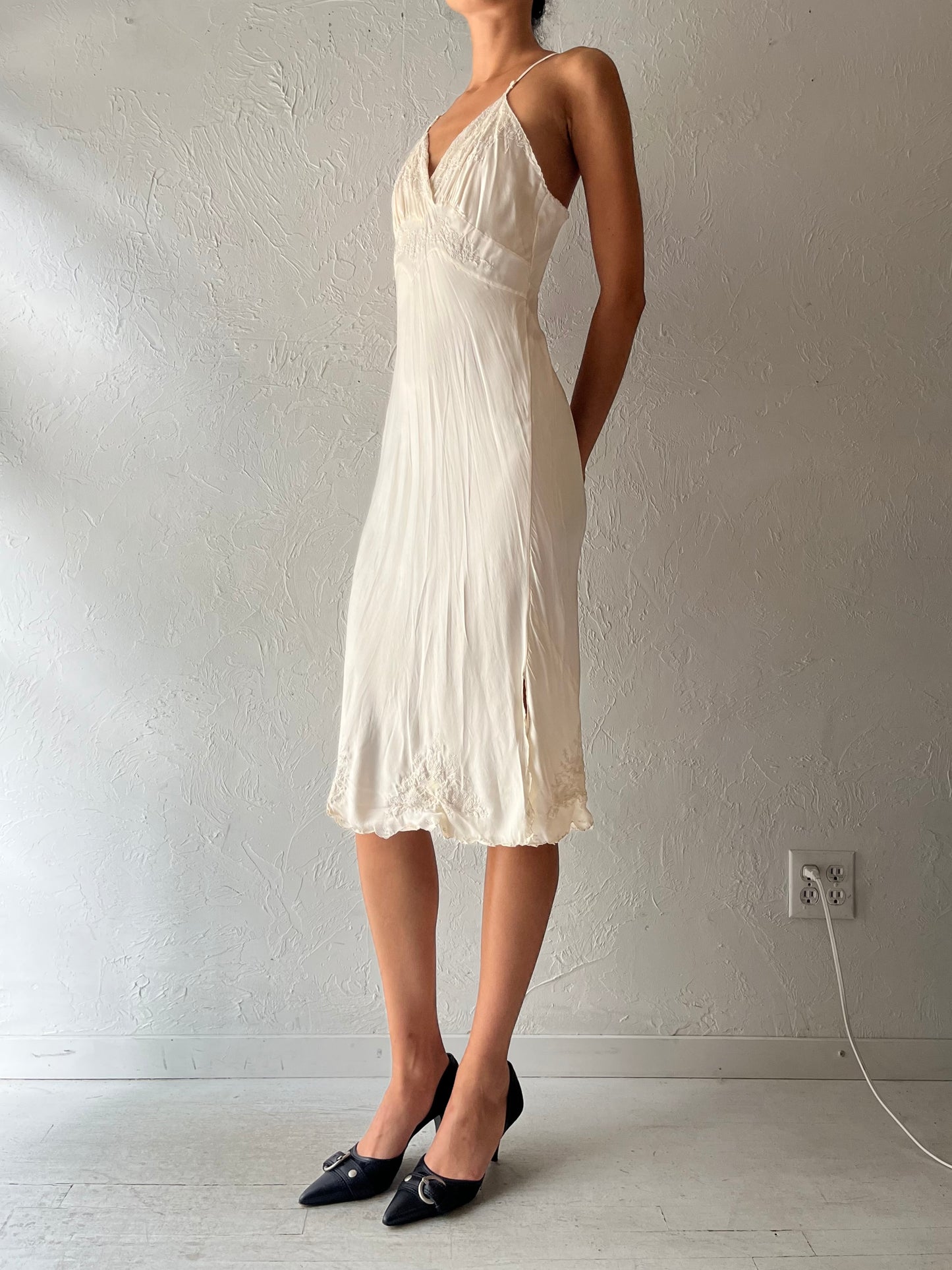 Vintage White Embroidered Romantic Boho Bridal Slip Dress / Cottagecore Prairie Summer Midi Dress / Small