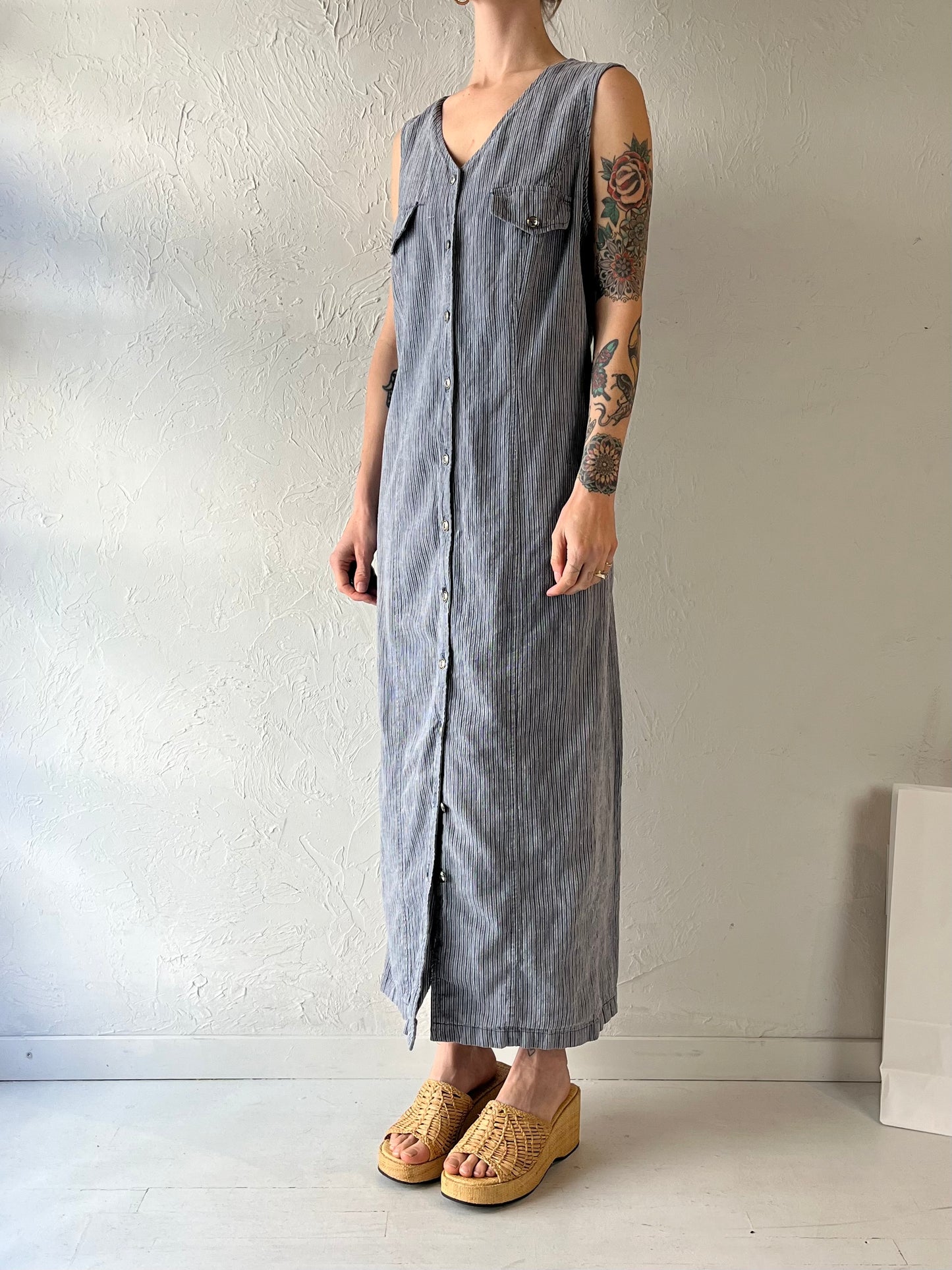 90s 'JM Studio' Pinstripe Denim Dress / Large